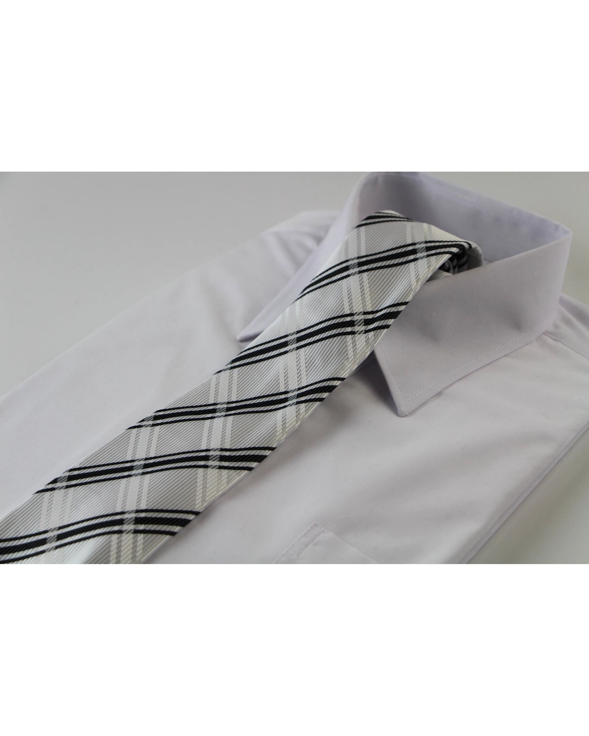 1 Zasel Mens White & Black Plaid Striped Patterned 8cm Neck Tie, 1 of 2