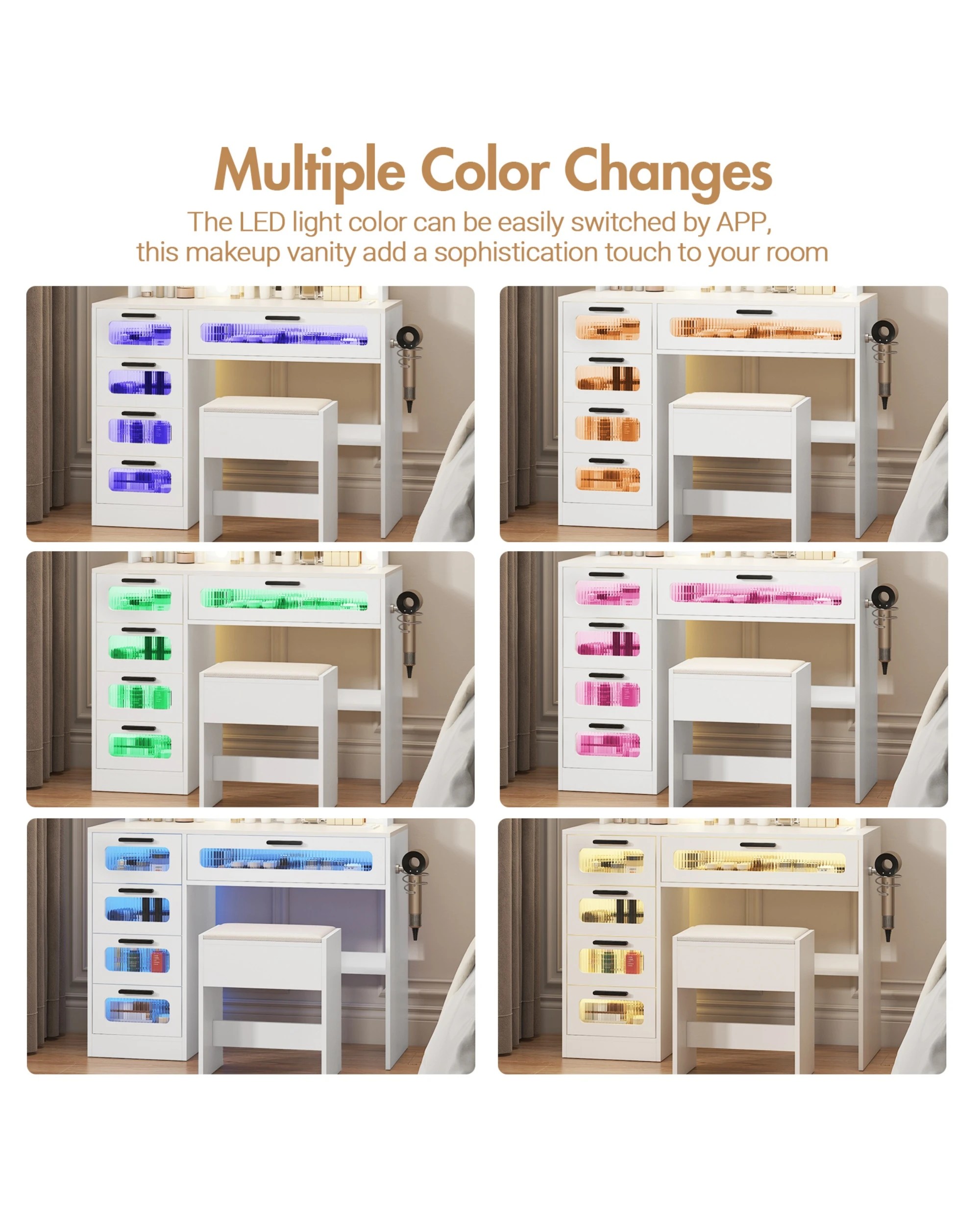 6 Advwin Dressing Table Stool Set With Mirror 10 Led Bulbs Vanity Desk
 - White, 6 of 9