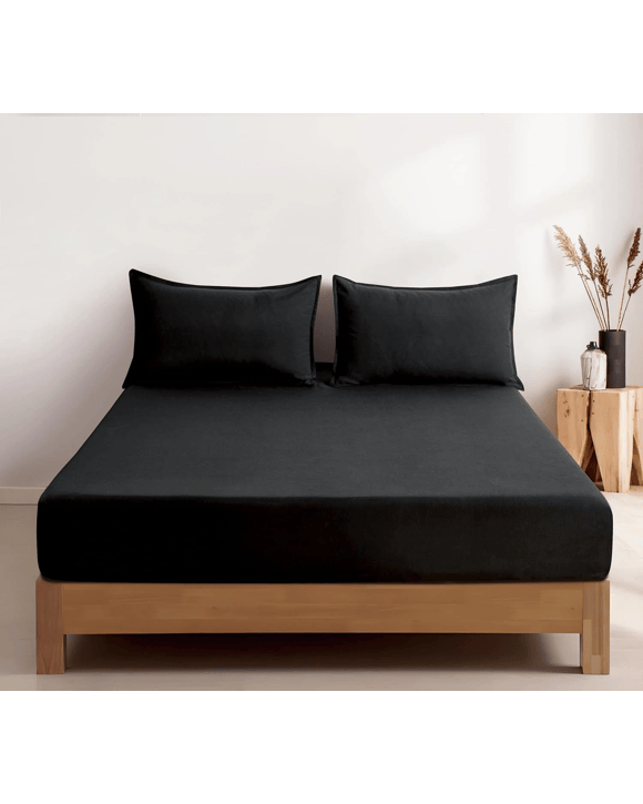 CleverPolly 100% Vintage Washed Microfibre Fitted Sheet Set - Queen Bed - Black