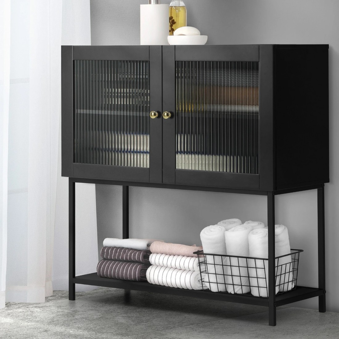 2 Oikiture Storage Cabinet Floor Cupboard Two Tempered Glass Door
 - Black, 2 of 9