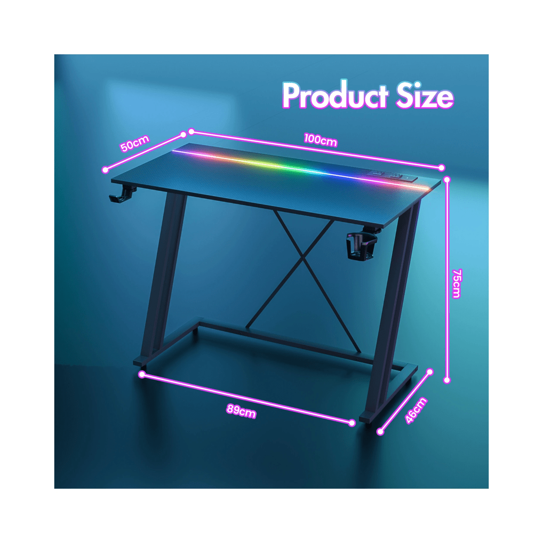 2 Advwin Gaming Desk Built-in Led Lights & Power Outlets 100cm Carbon Fiber Surface Computer Desk Black, 2 of 7