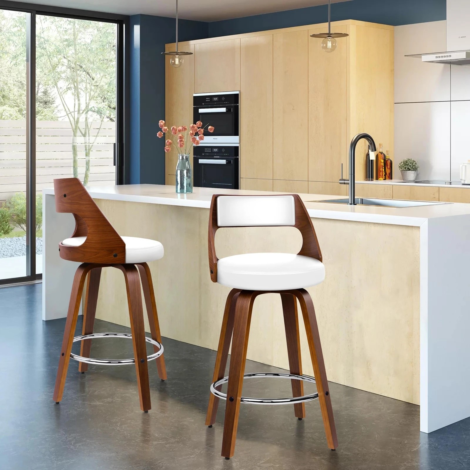 2 Alfordson 2x Swivel Bar Stools Eden Kitchen Wooden Dining Chair - White, 2 of 10