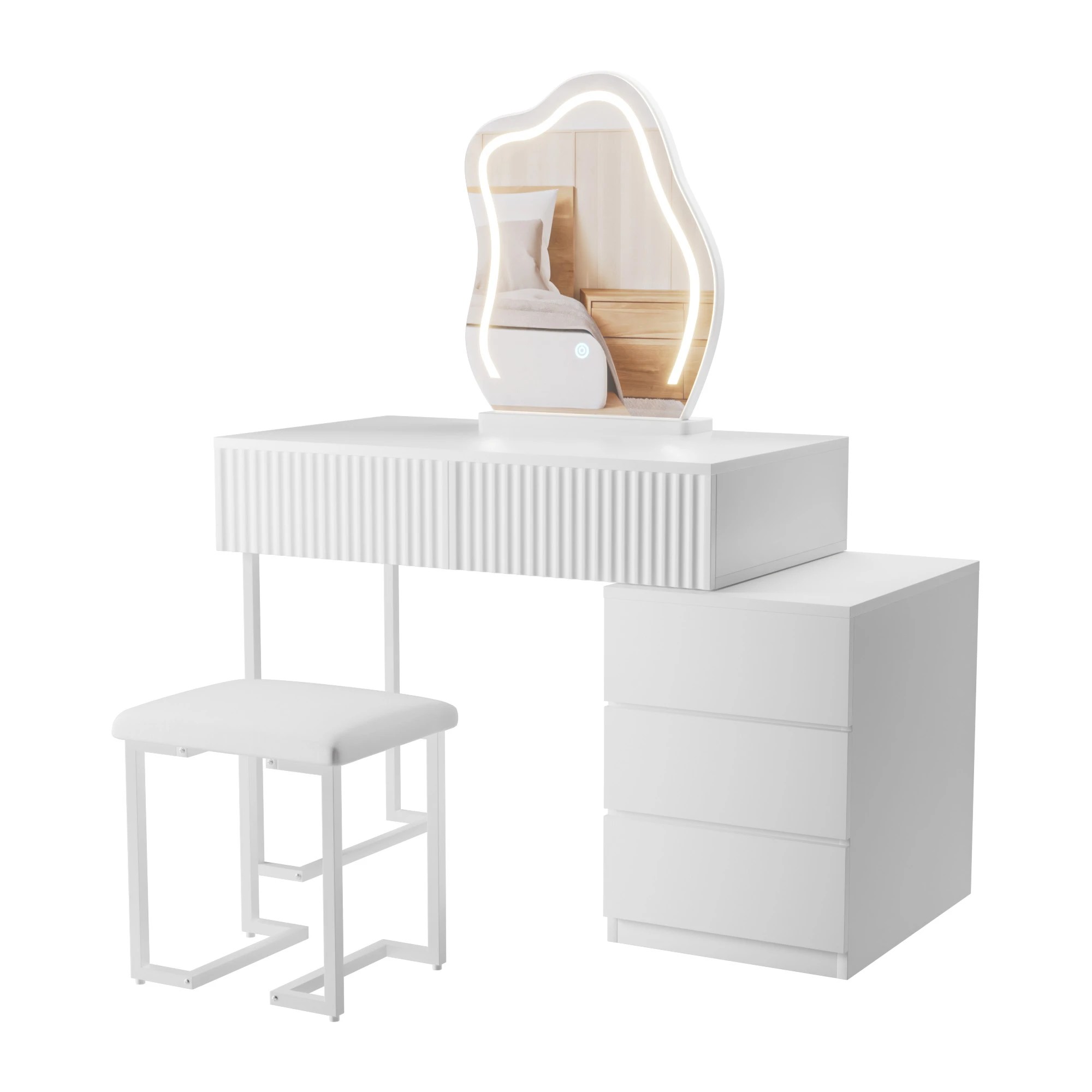 1 Levede Led Mirror Dressing Table Set-White, 1 of 9