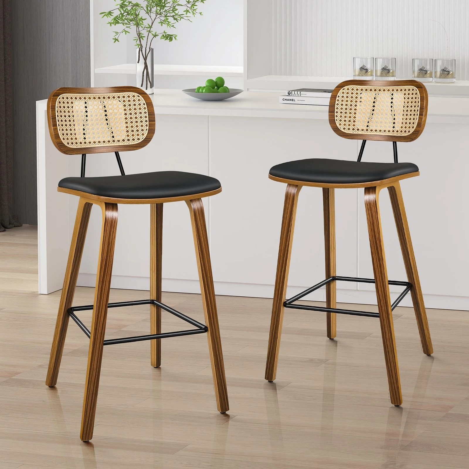 2 Alfordson 2x Bar Stools Kitchen Vintage Leather Seat Rattan Chair Wooden - Black, 2 of 8