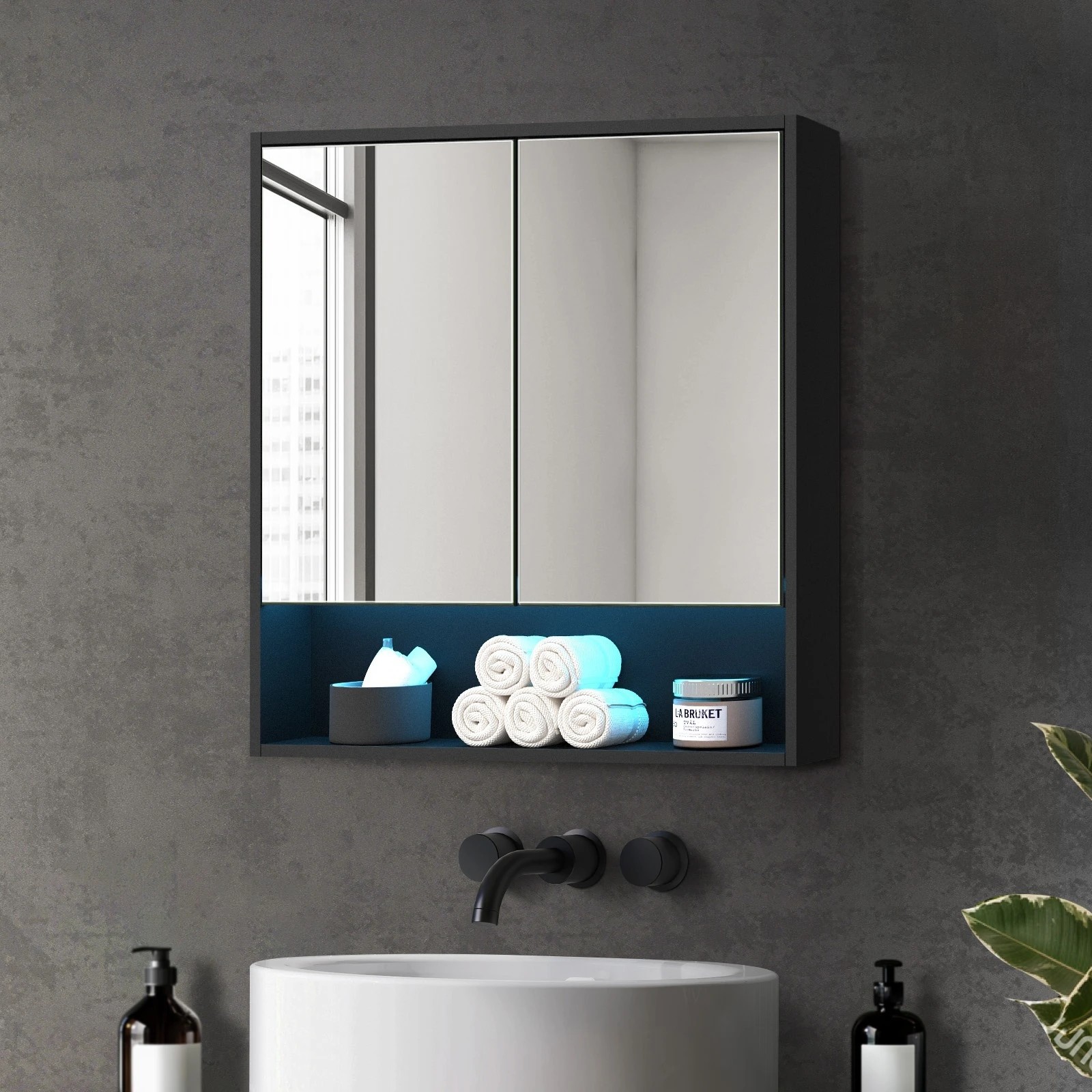 2 Welba Bathroom Mirror Cabinet Storage 750x750mm - Black, 2 of 7