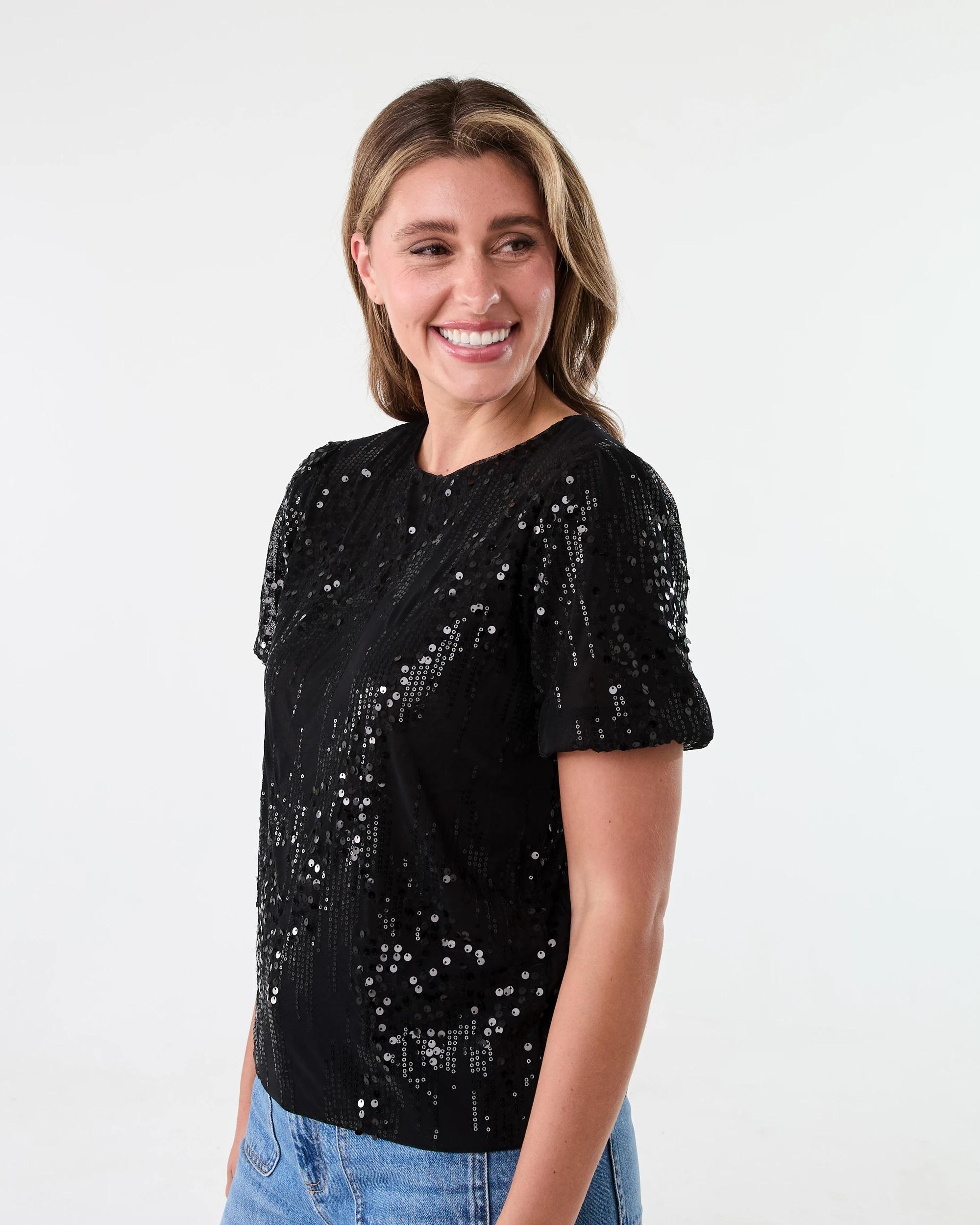 2 Short Sleeve Sequin Top Black, 2 of 6