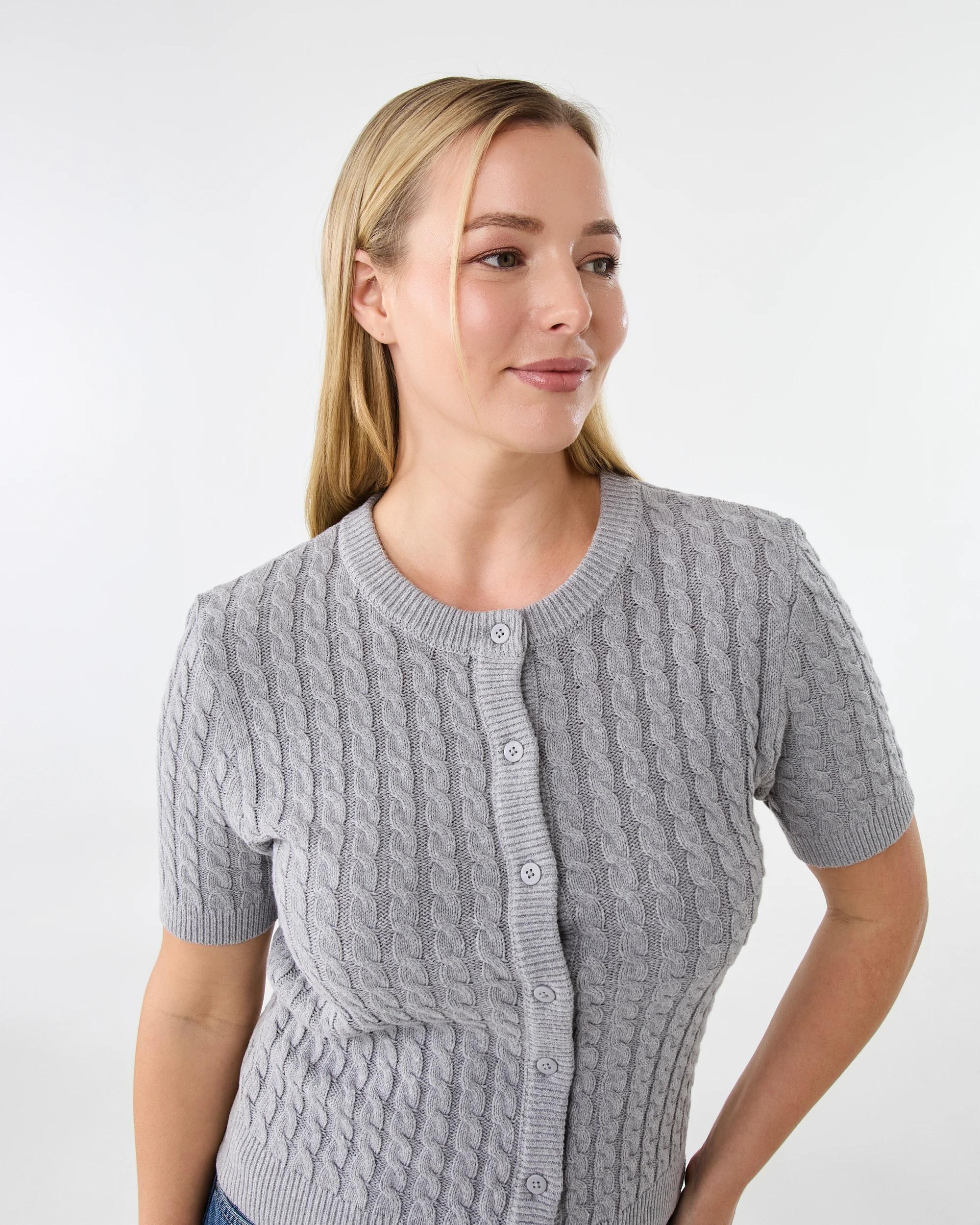 4 Short Sleeve Lightweight Cable Cardigan Grey Marle, 4 of 7