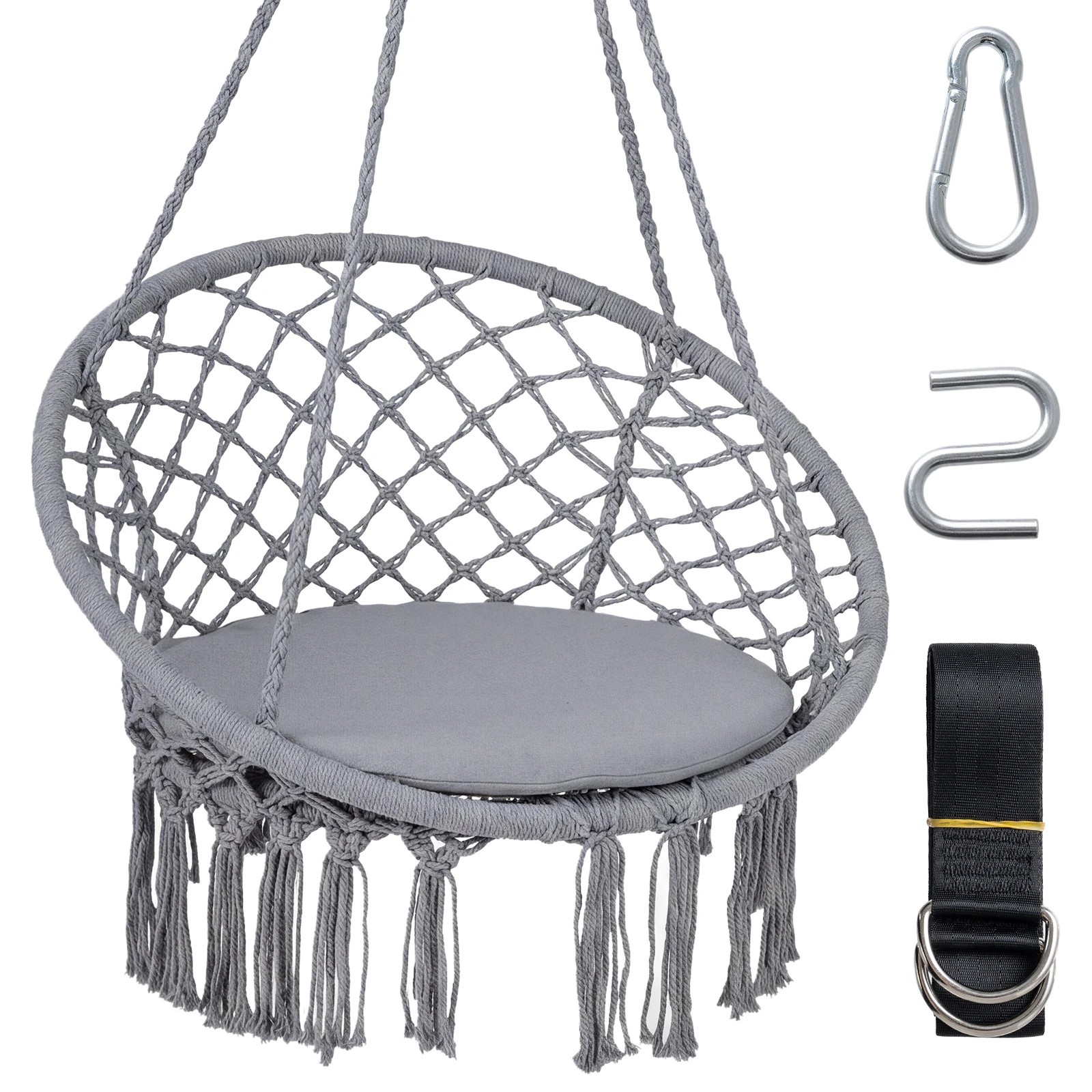1 Costway Macrame Hammock Chair Boho Rope Hanging Swing Chair - Grey, 1 of 4