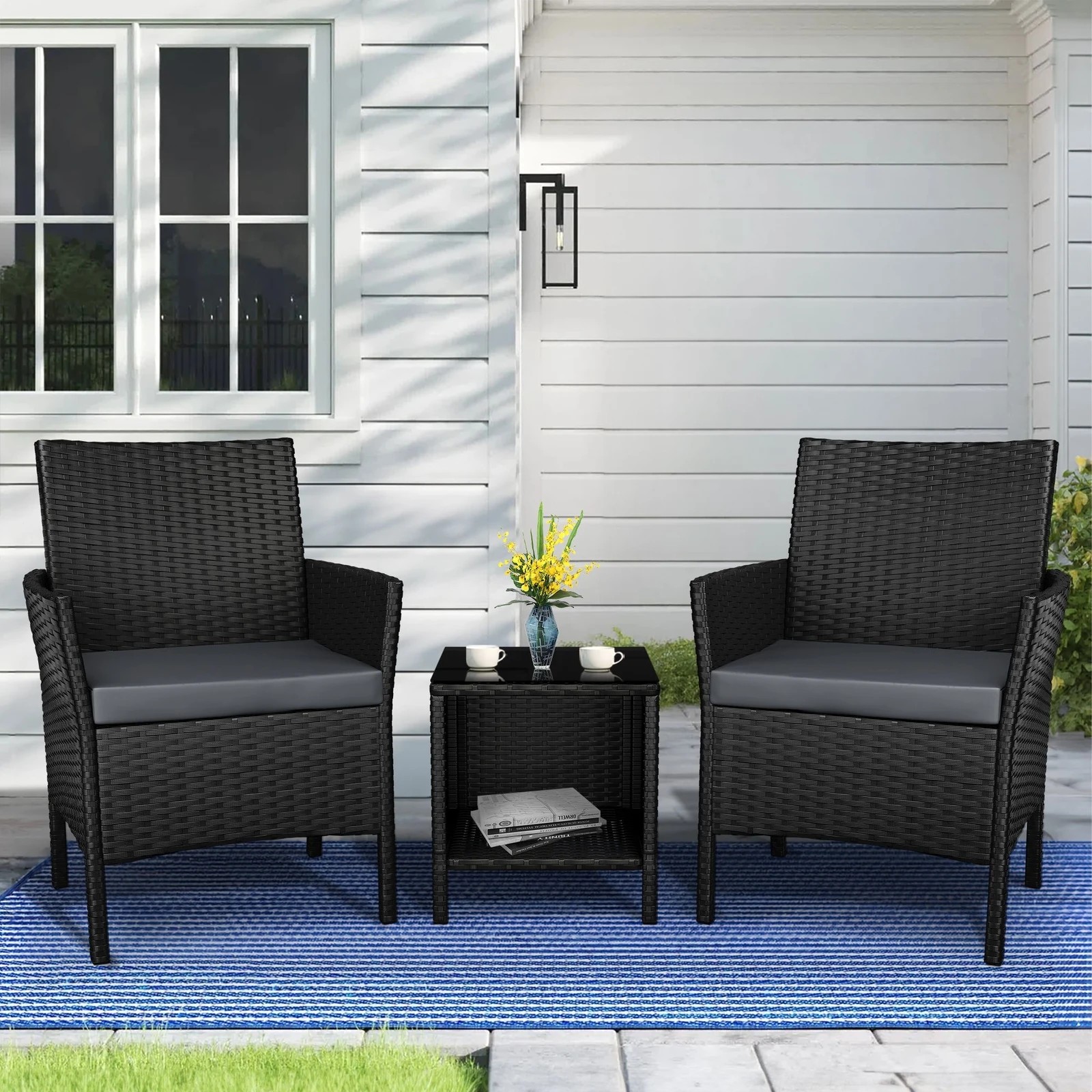 2 Alfordson Outdoor Furniture 3PCS Wicker Bistro Set Patio Chairs Table - Black, 2 of 8