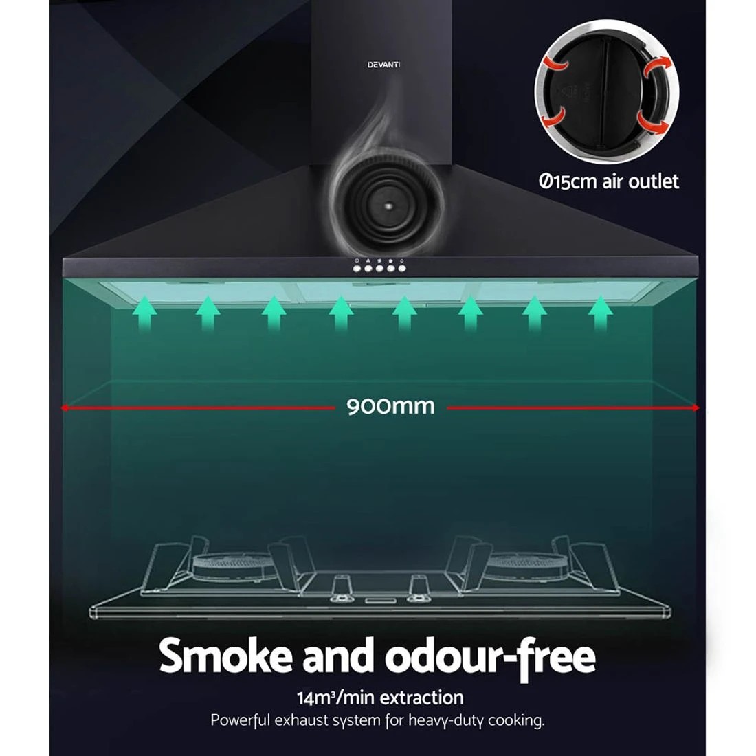 3 Devanti 900mm Range Hood 90cm Rangehood - Black, 3 of 9