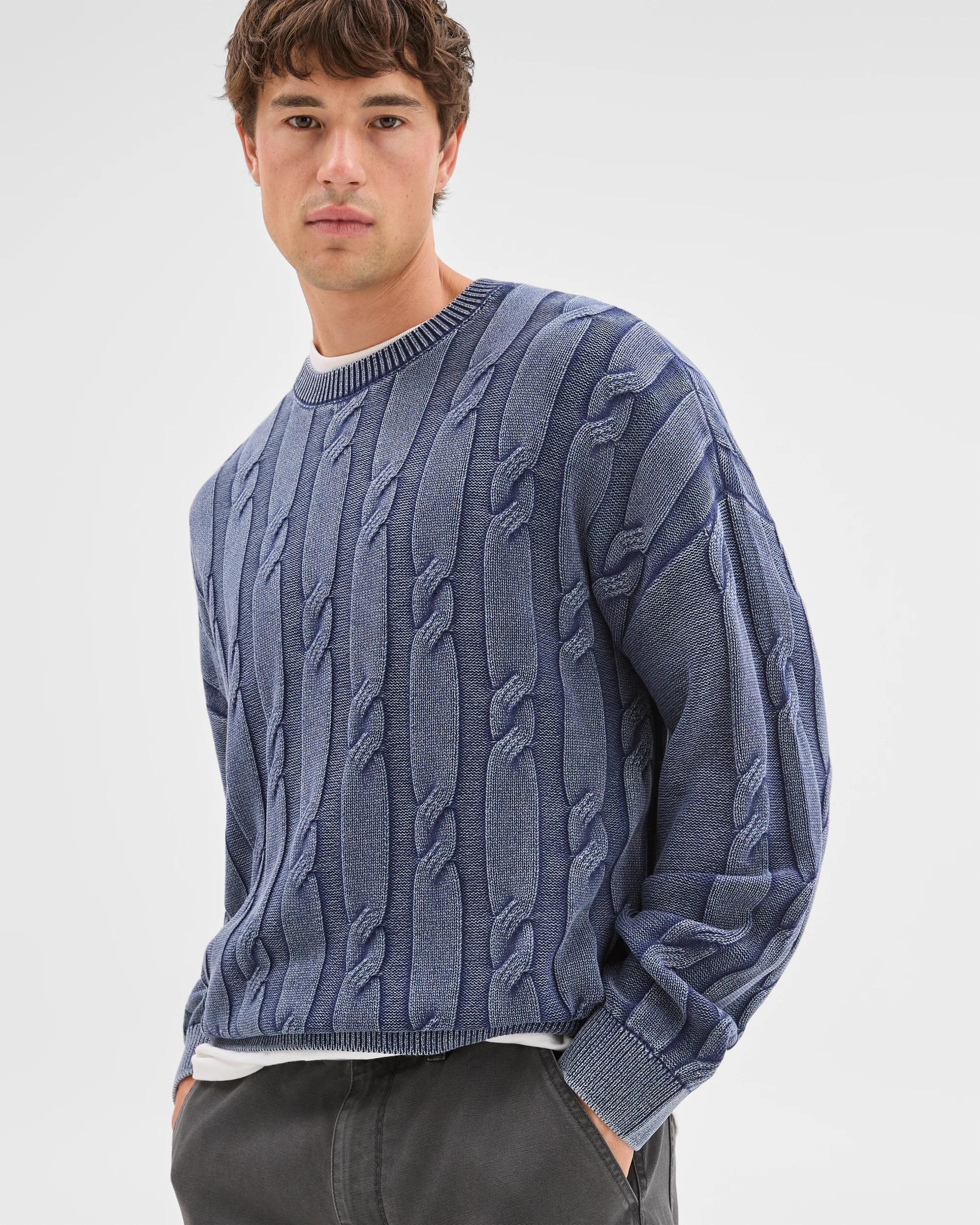 1 Commons Australian Cotton Cable Knit Washed Crew Jumper ACID NAVY, 1 of 8