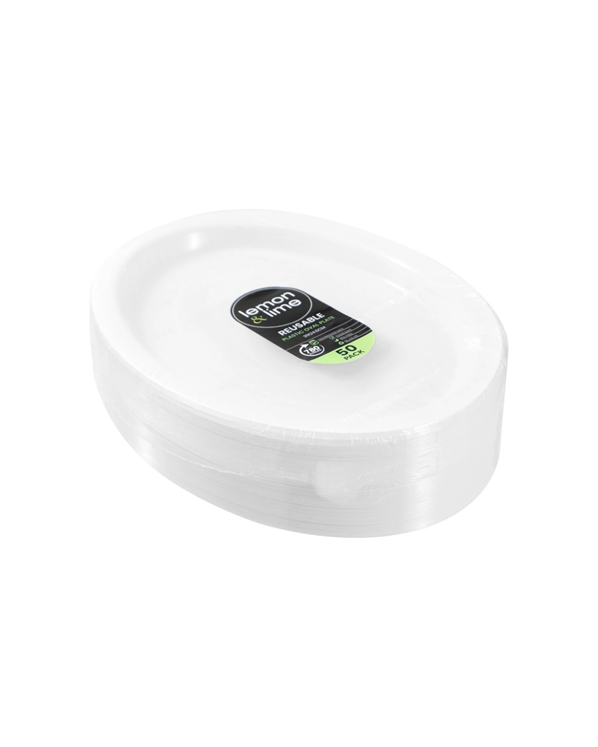 2 Lemon & Lime 4x 50pc Reusable Plastic Food Oval Plate Dinner Set 31x24.5cm Dinnerware - White, 2 of 6