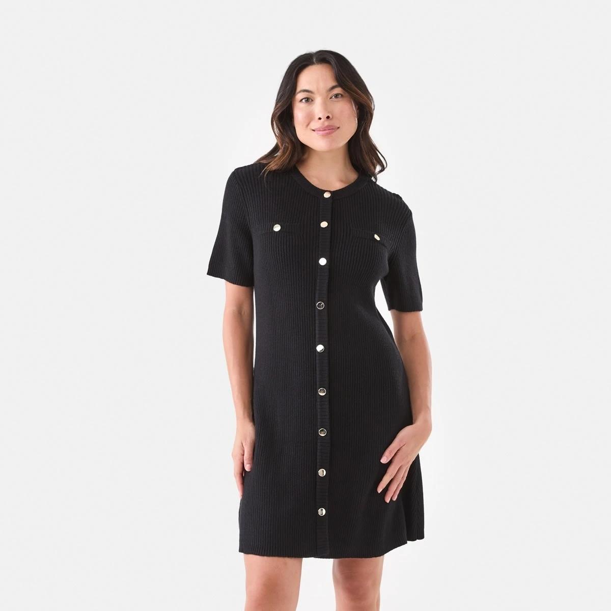 1 Short Sleeve Button Detail Knit Mini Dress Black, 1 of 6