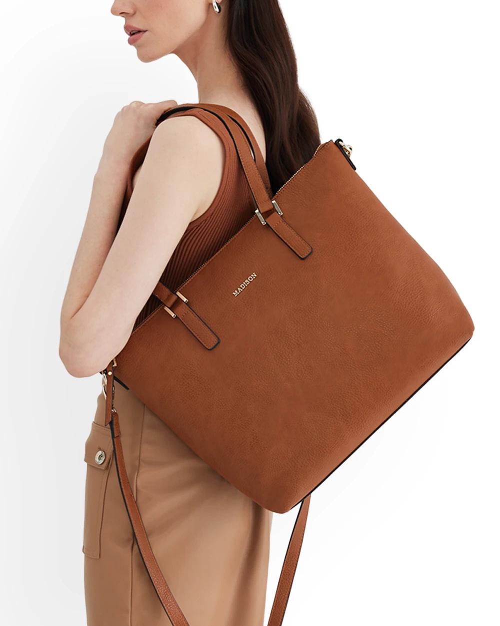 3 Madison Accessories Inga Large Tote Bag with Laptop Pocket DK TAN, 3 of 10