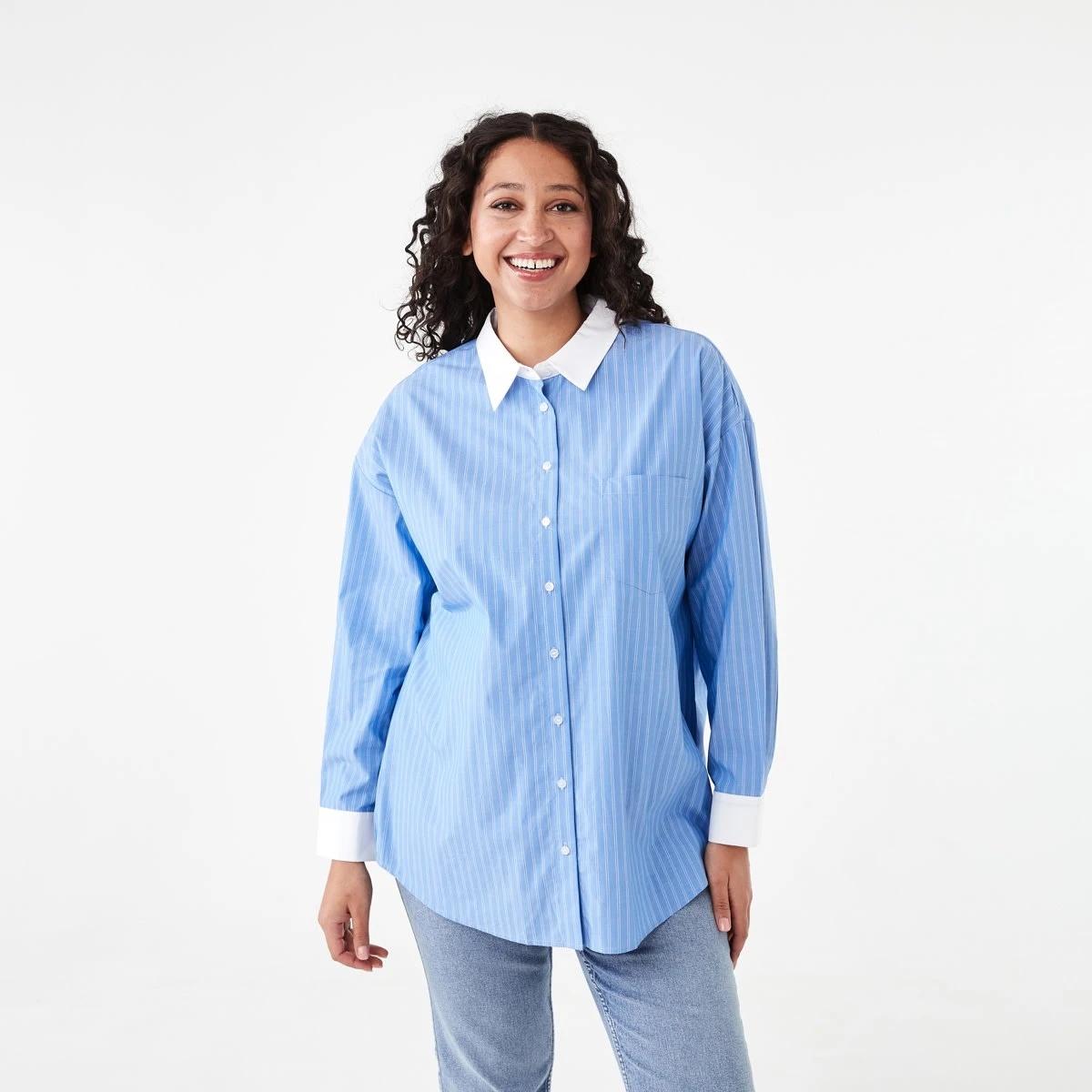 1 Long Sleeve Contrast Cuff Shirt Blu Str, 1 of 7
