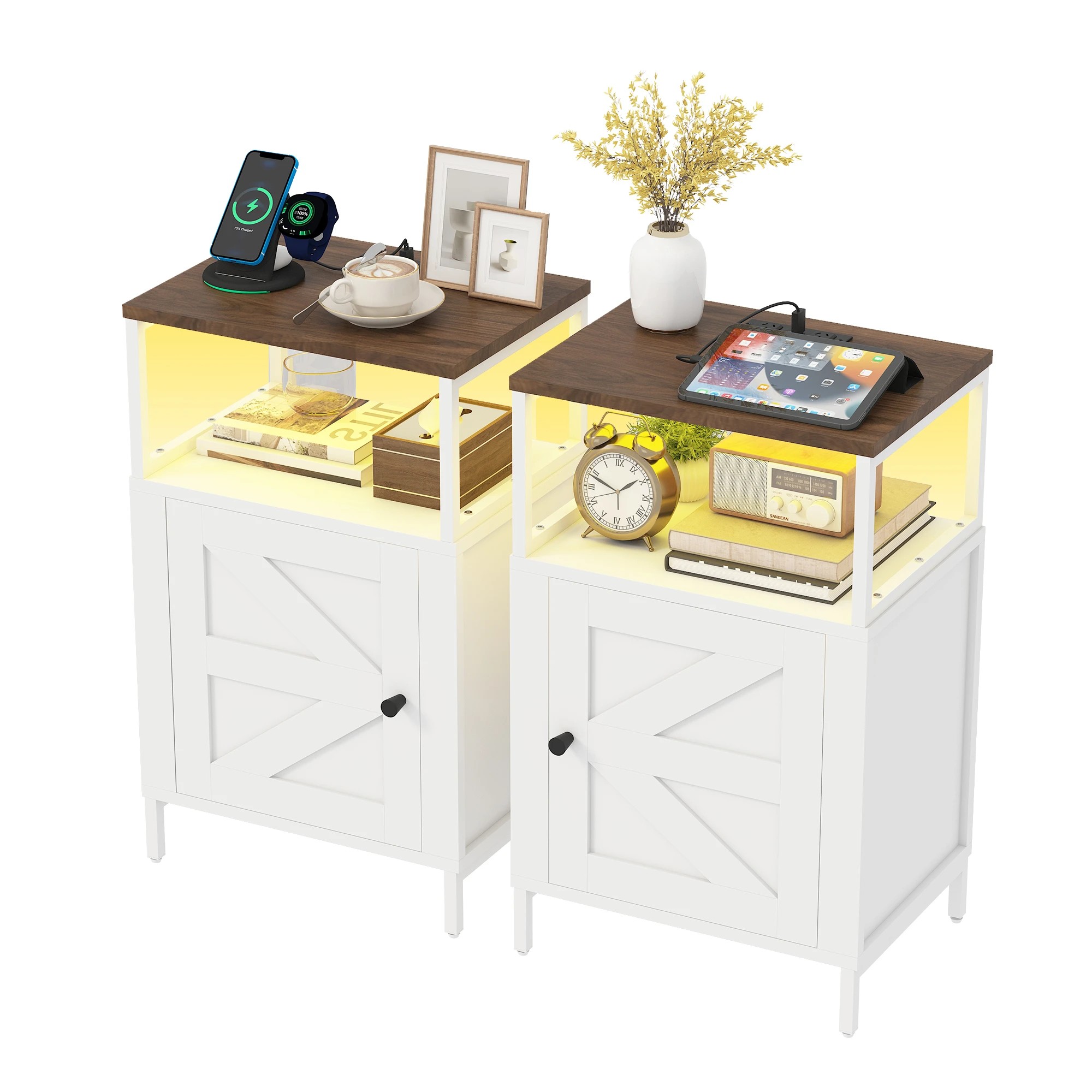 1 Advwin Set of 2 Farmhouse Bedside Table with Charging Station & LED Light - White, 1 of 7