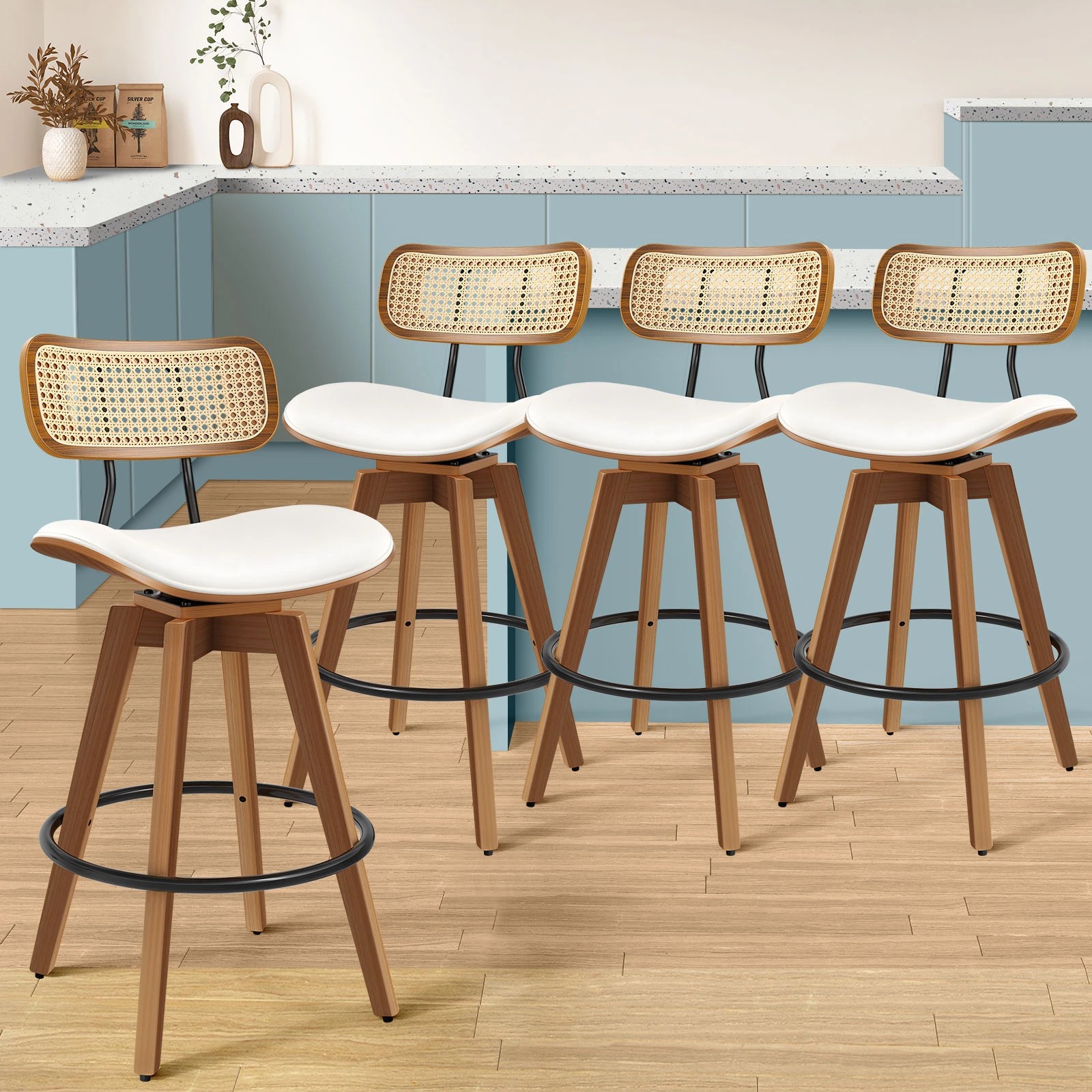 2 Alfordson 4x Bar Stools Kitchen Vintage Leather Seat Rattan Chair - White, 2 of 9