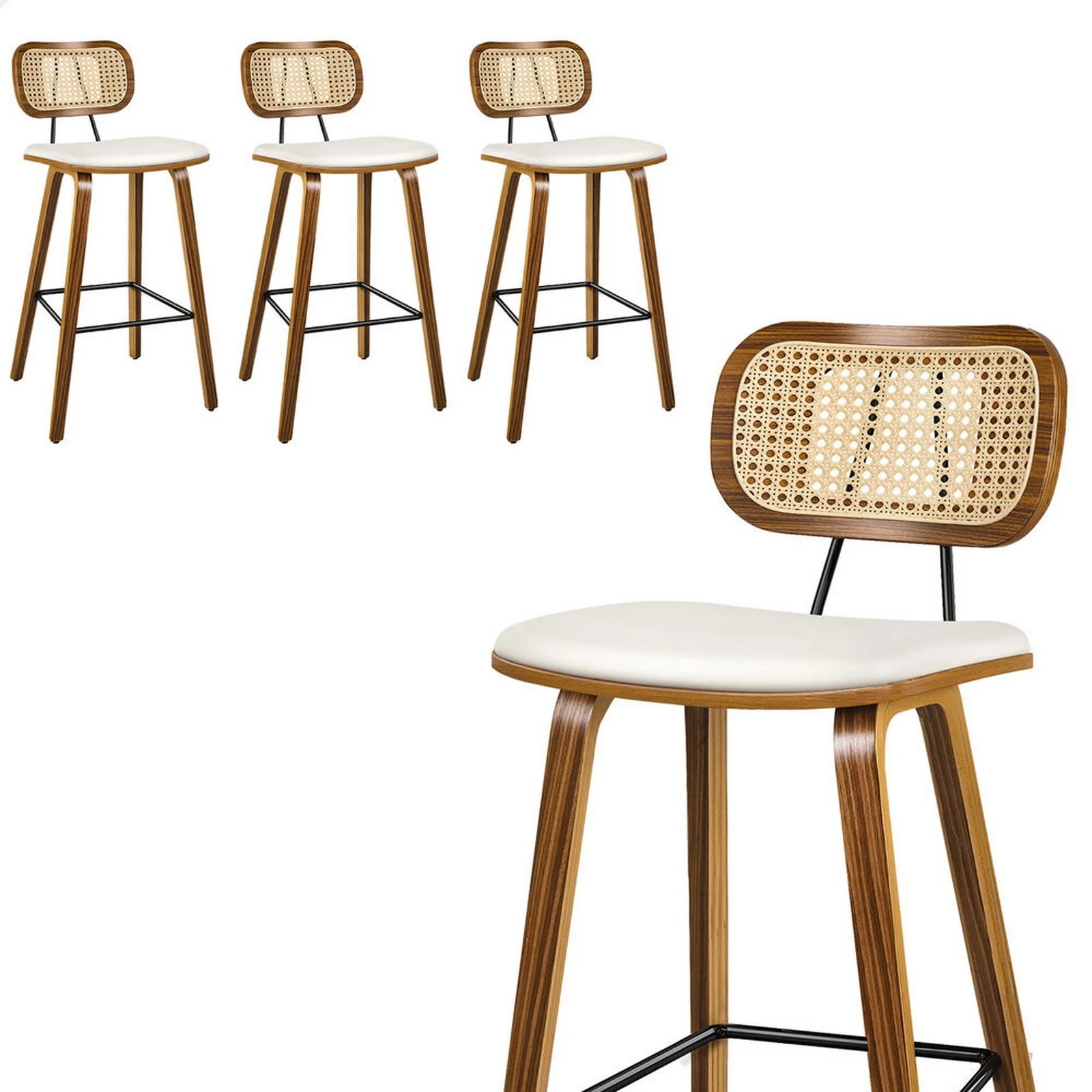 1 Alfordson 4x Bar Stools Kitchen Vintage Leather Seat Rattan Chair Wooden - White, 1 of 9
