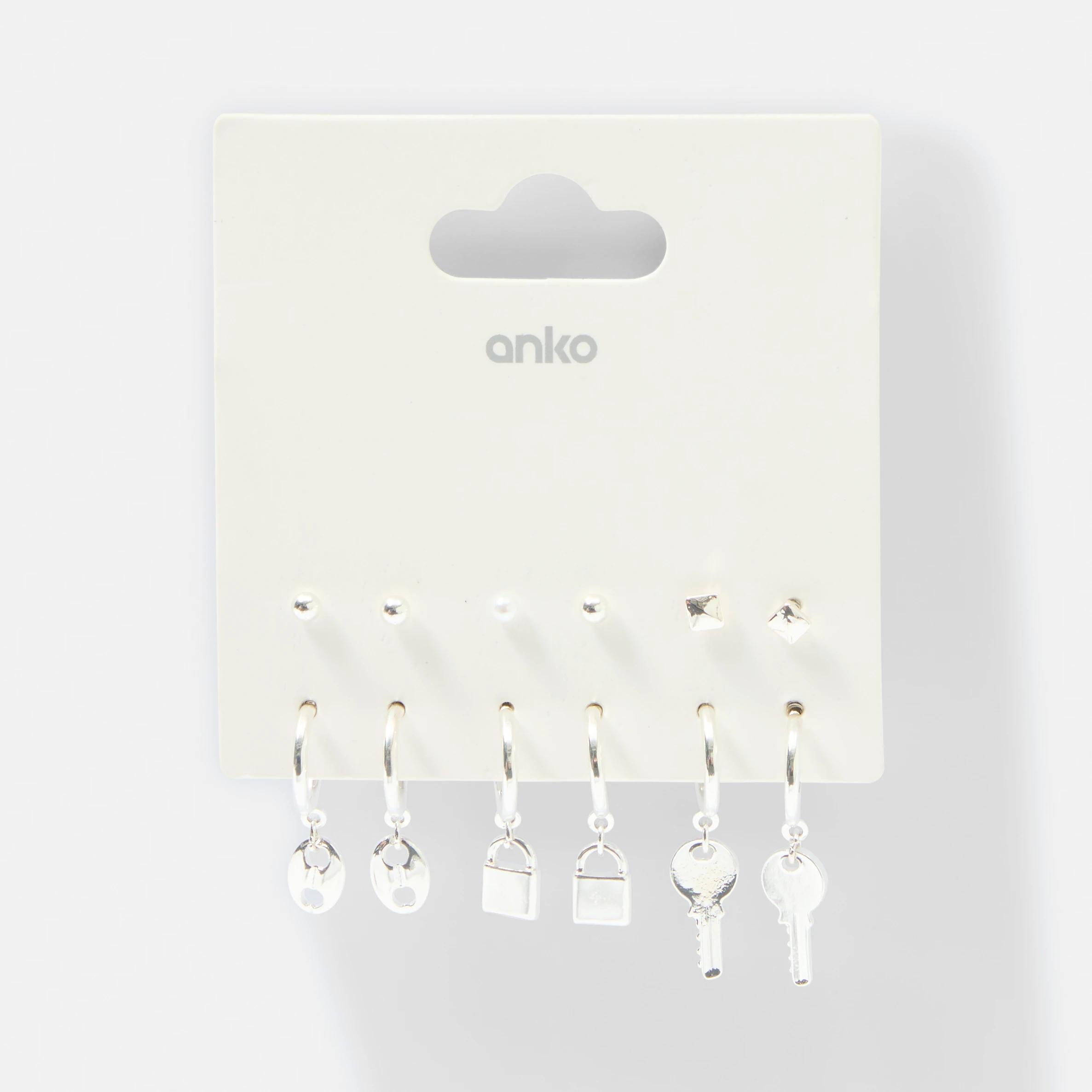 4 6 Pack Lock Key Hoop Earrings - Silver Tone Silver, 4 of 4