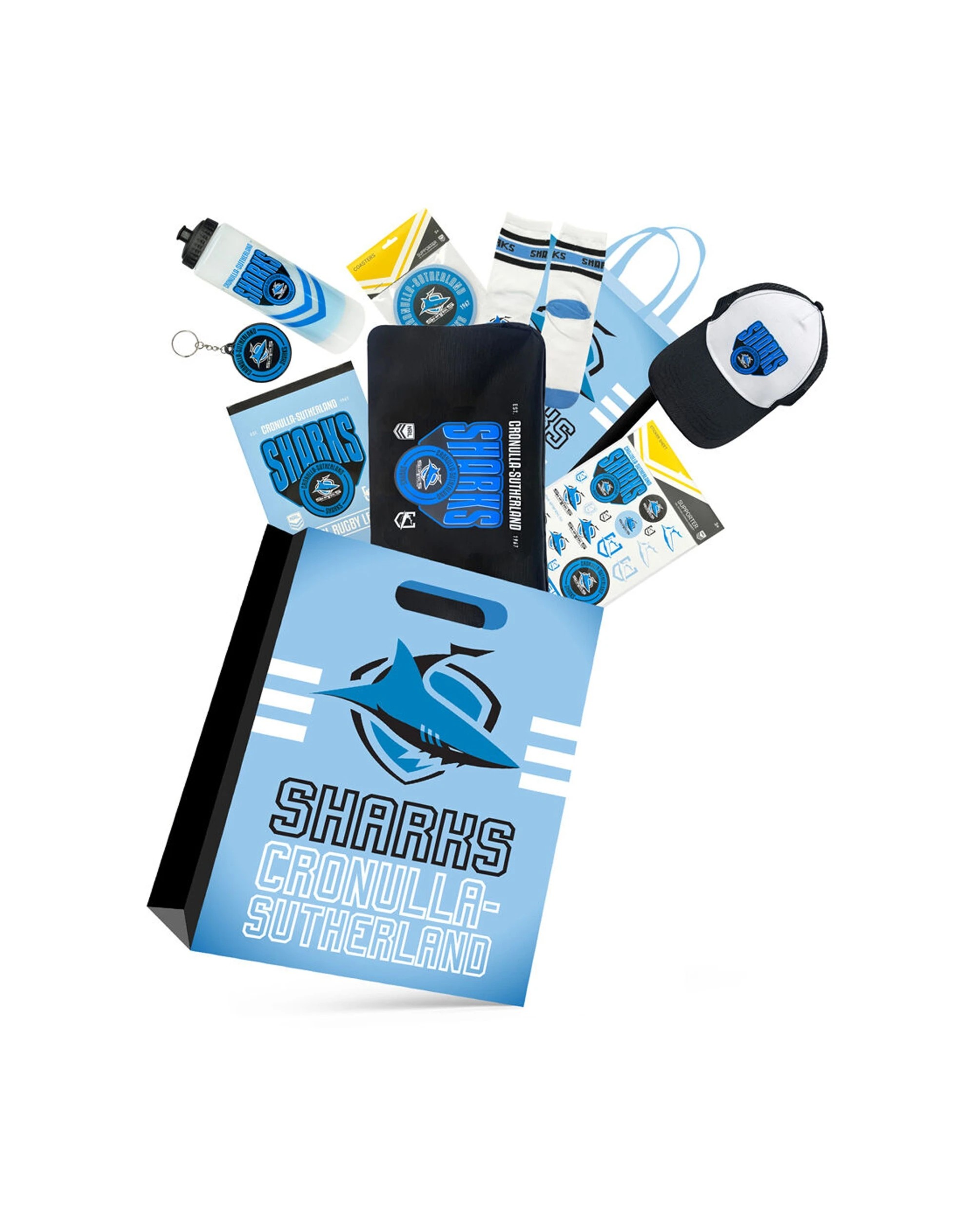 1 NRL Cronulla Sharks Showbag 24w Duffle Bag Cap Drink Bottle Coasters Sports Rugby - Multi, 1 of 1