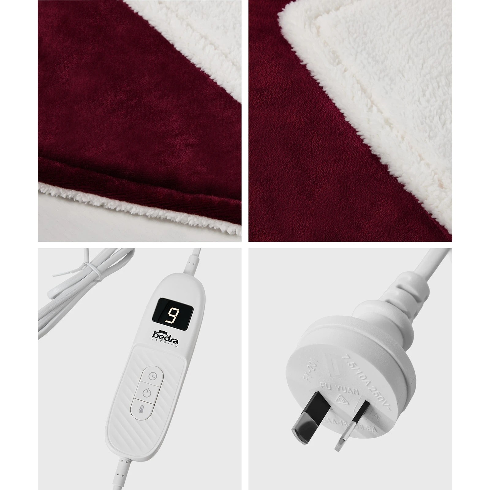 7 Bedra Bedding Electric Throw Rug Dual Side Heated Blanket Flannel&Sherpa - Single Bed - Burgundy, 7 of 9