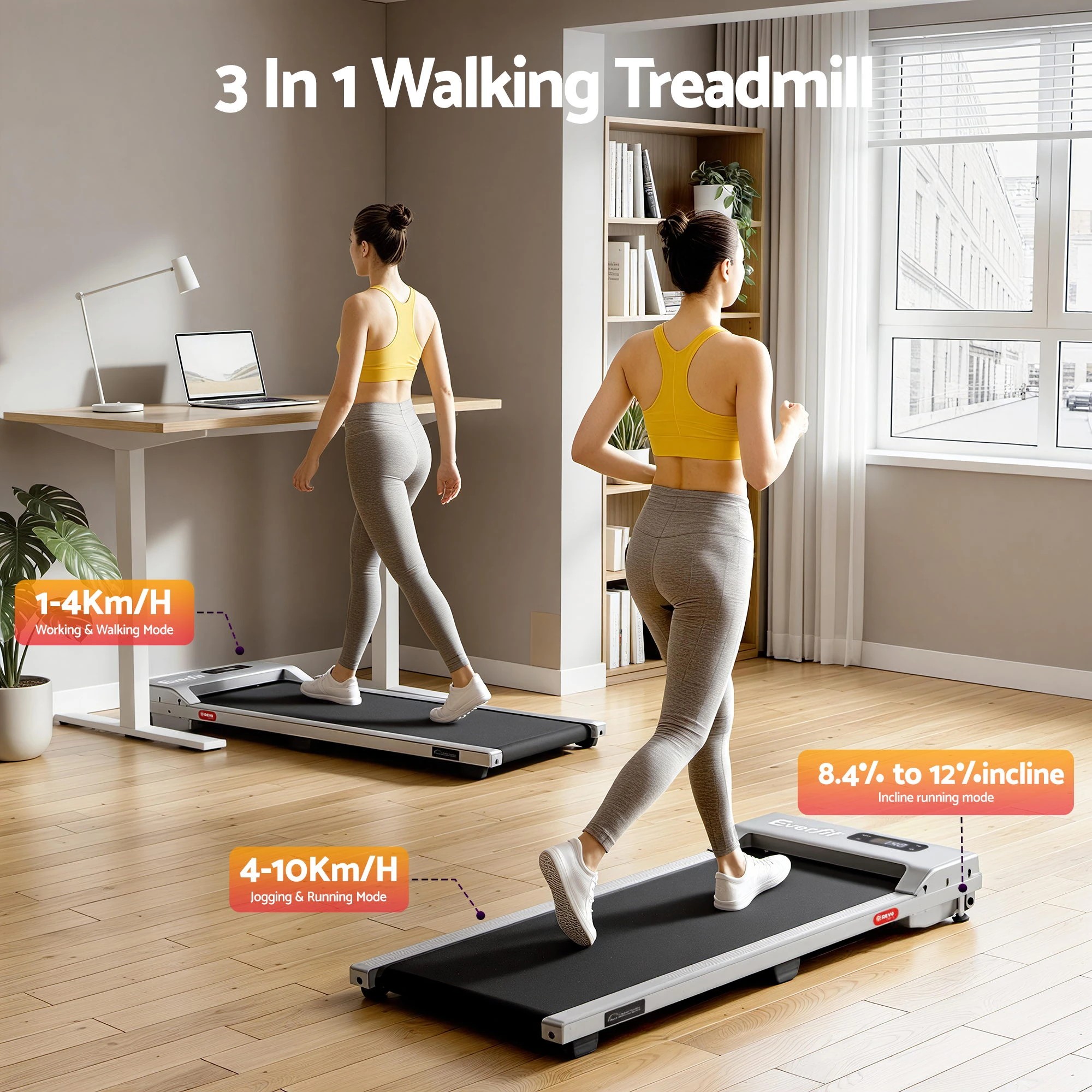 4 Everfit 3 in 1 Walking Pad Treadmill 12% Incline Under Desk Treadmills With 38cm Wide Belt - Silver, 4 of 9