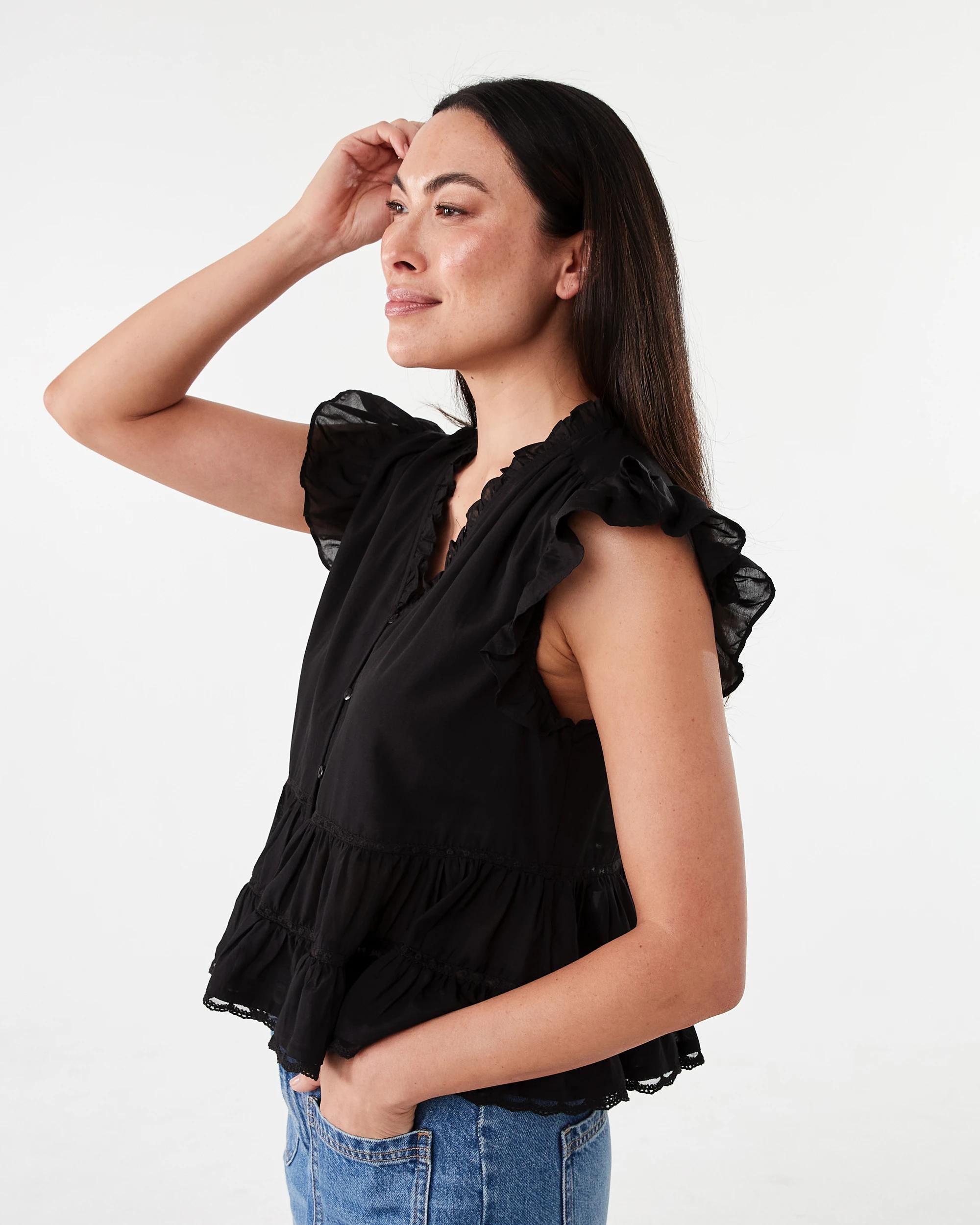 2 Short Sleeve Lace Trim Flutter Top Black, 2 of 8