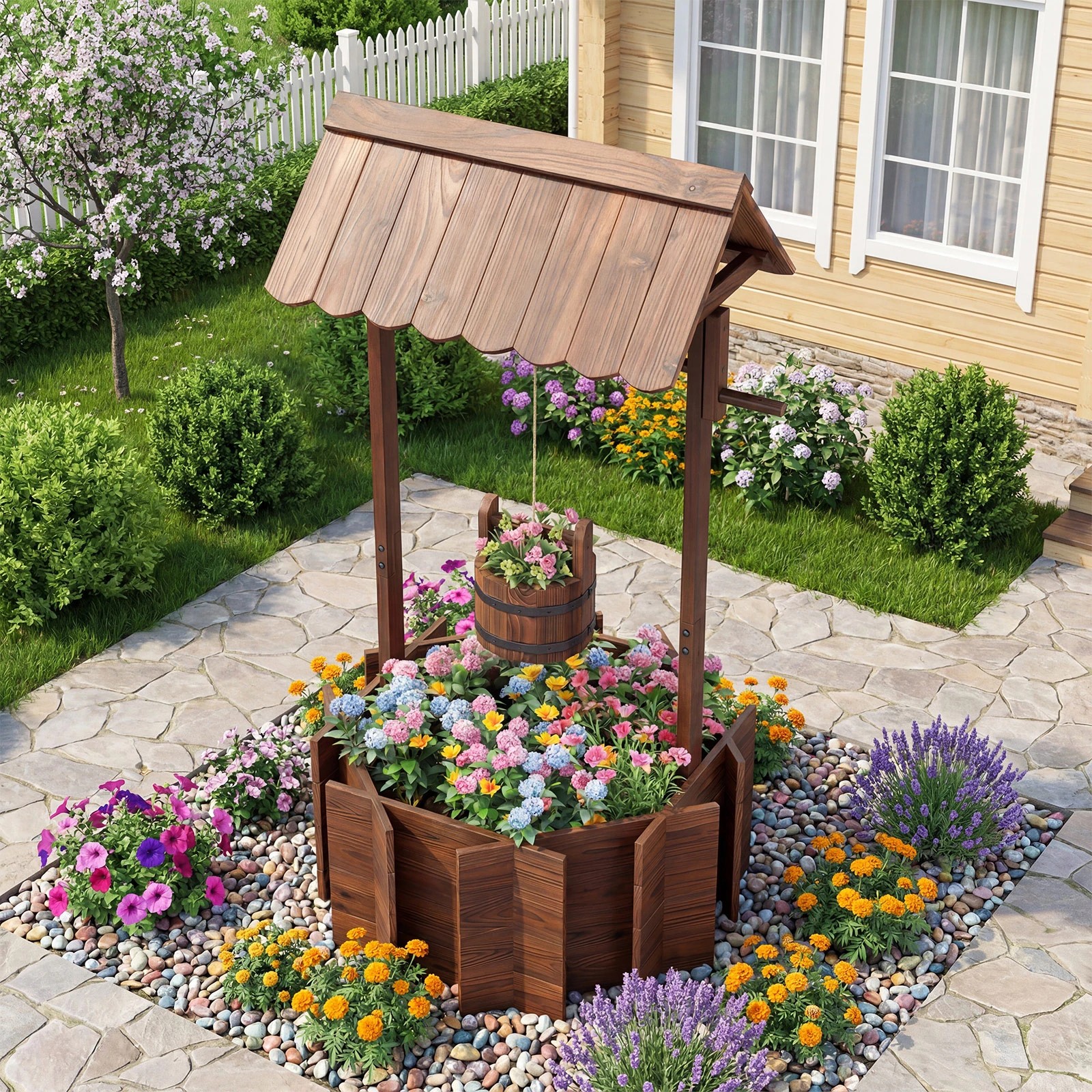 3 Costway Garden Wood Wishing Well Bucket Outdoor Rustic Well w/Hanging Bucket Planter, 3 of 4
