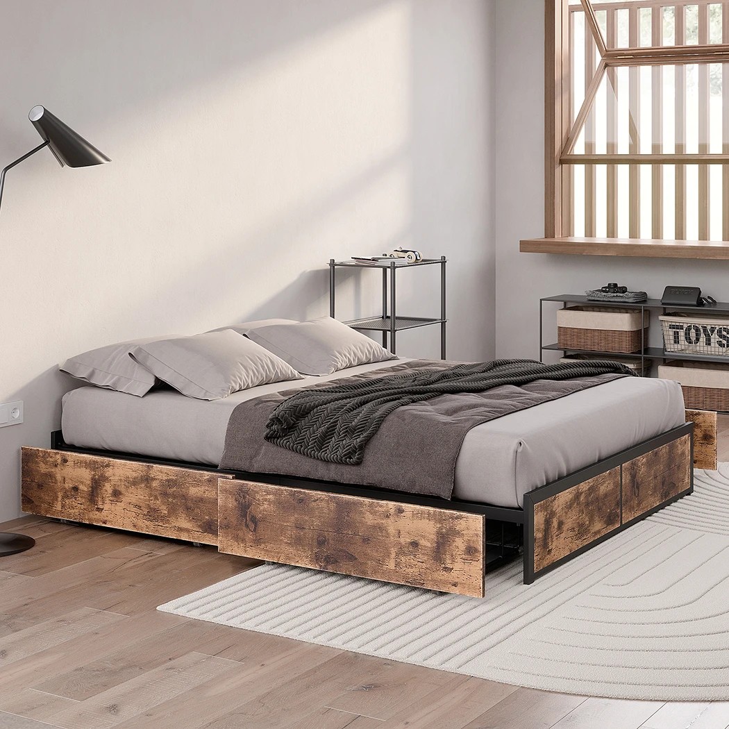7 Levede Queen Size Metal Bed Frame Industrial With 4 Drawers, 7 of 8