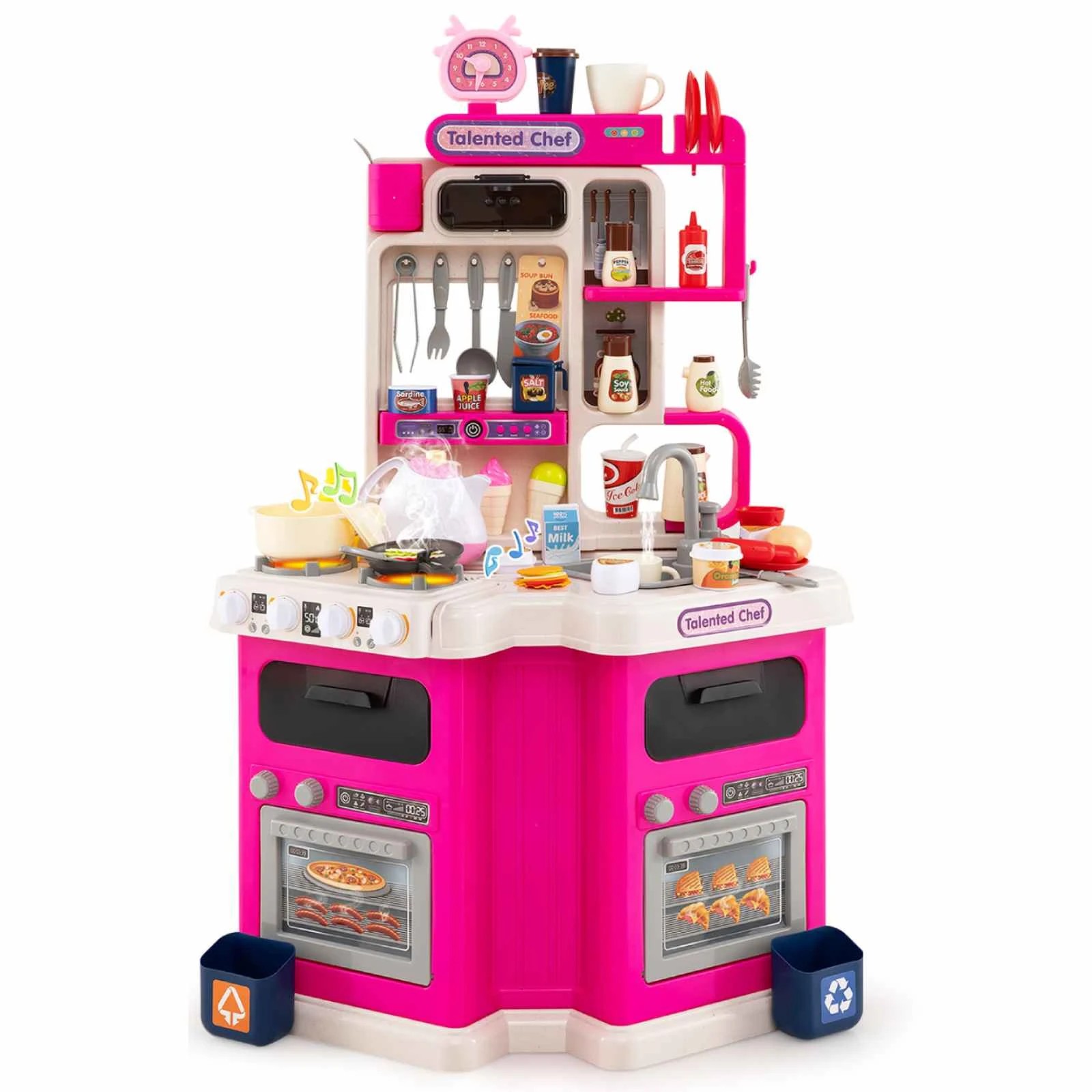 1 Costway 113PCS Kitchen Playset Corner Play Kitchen w/Sound Light - Pink, 1 of 1