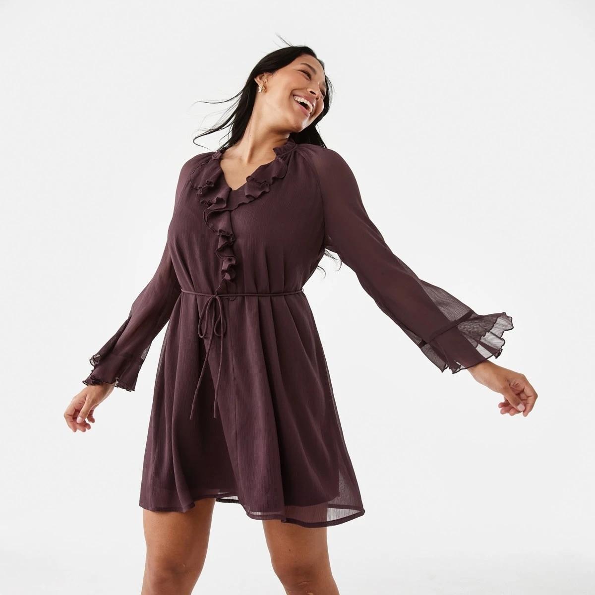 1 Long Sleeve Ruffle Mini Dress Mulberry, 1 of 10
