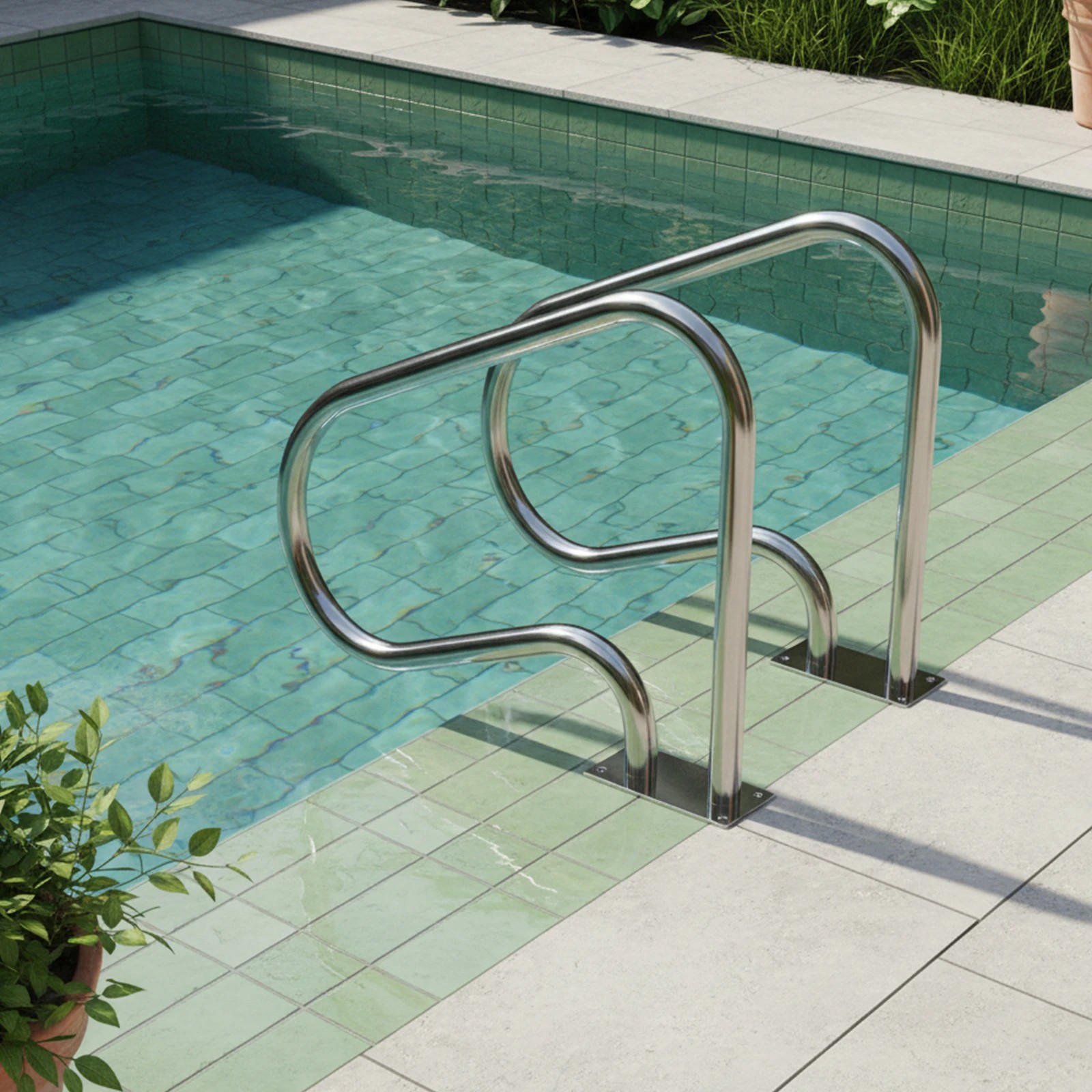 2 Costway Swimming Pool Hand Rail Stainless Steel Ladder Handrail Stair Rail w/Base Plate - Silver, 2 of 4