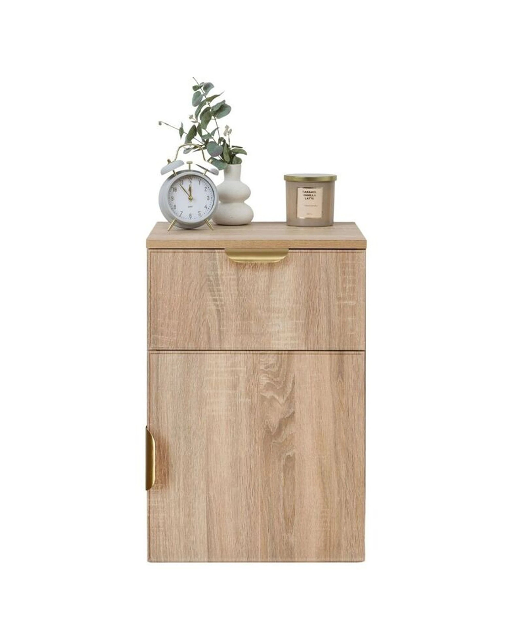 2 European Cabinetry Porto Oak Slim Bedside Table Brass Pull Handle - Natural, 2 of 2