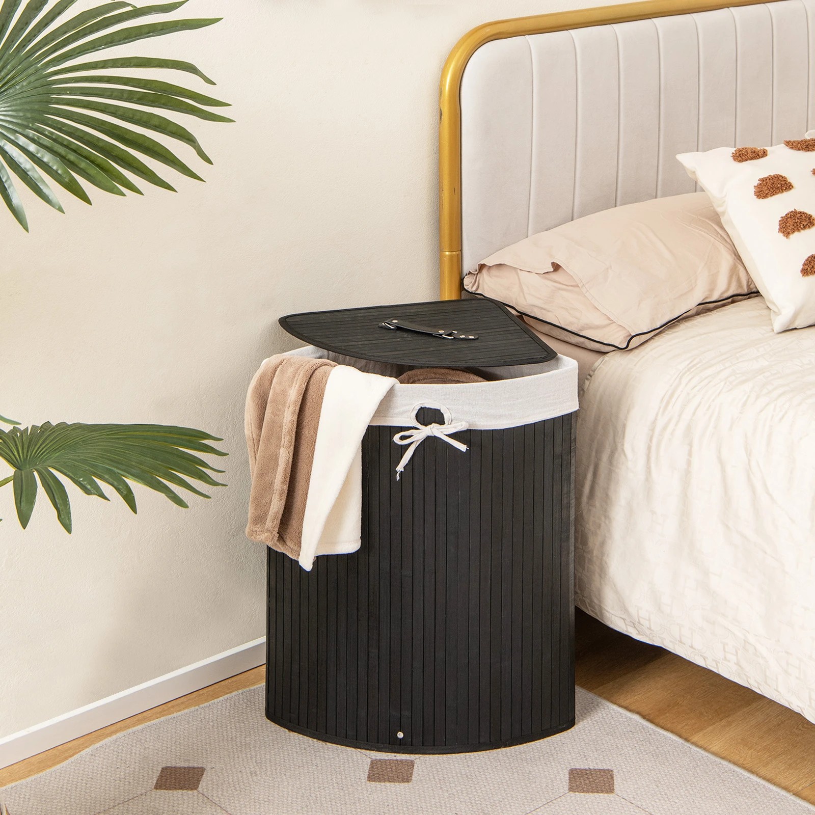4 Costway 72L Bamboo Laundry Hamper Corner Storage Basket w/Lid - Black, 4 of 5