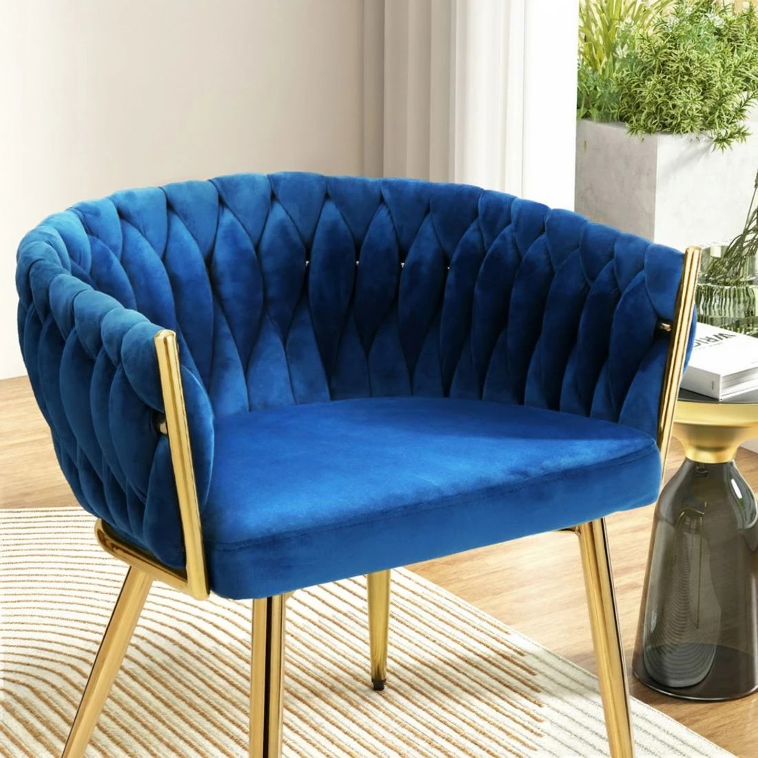 5 1 Set of 2 Artiss Dining Chairs Velvet Weaving Armchair - Blue, 5 of 5