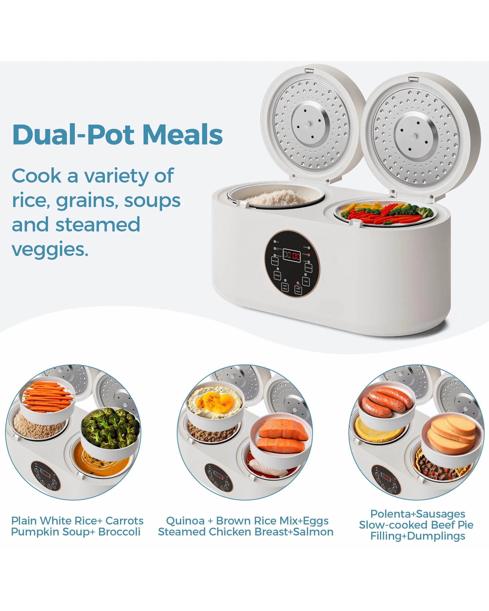 2 Advwin Dual-pot Electric Rice Cooker, 800w Multi-function Cooker With Steam Trays, Slow Cooker, 4l, 2 of 7