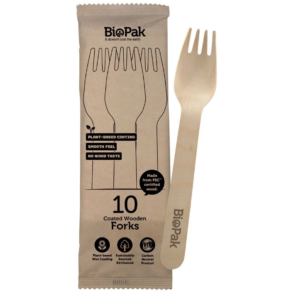 1 Biopak 16cm Wooden Forks 10 Pack, 1 of 2