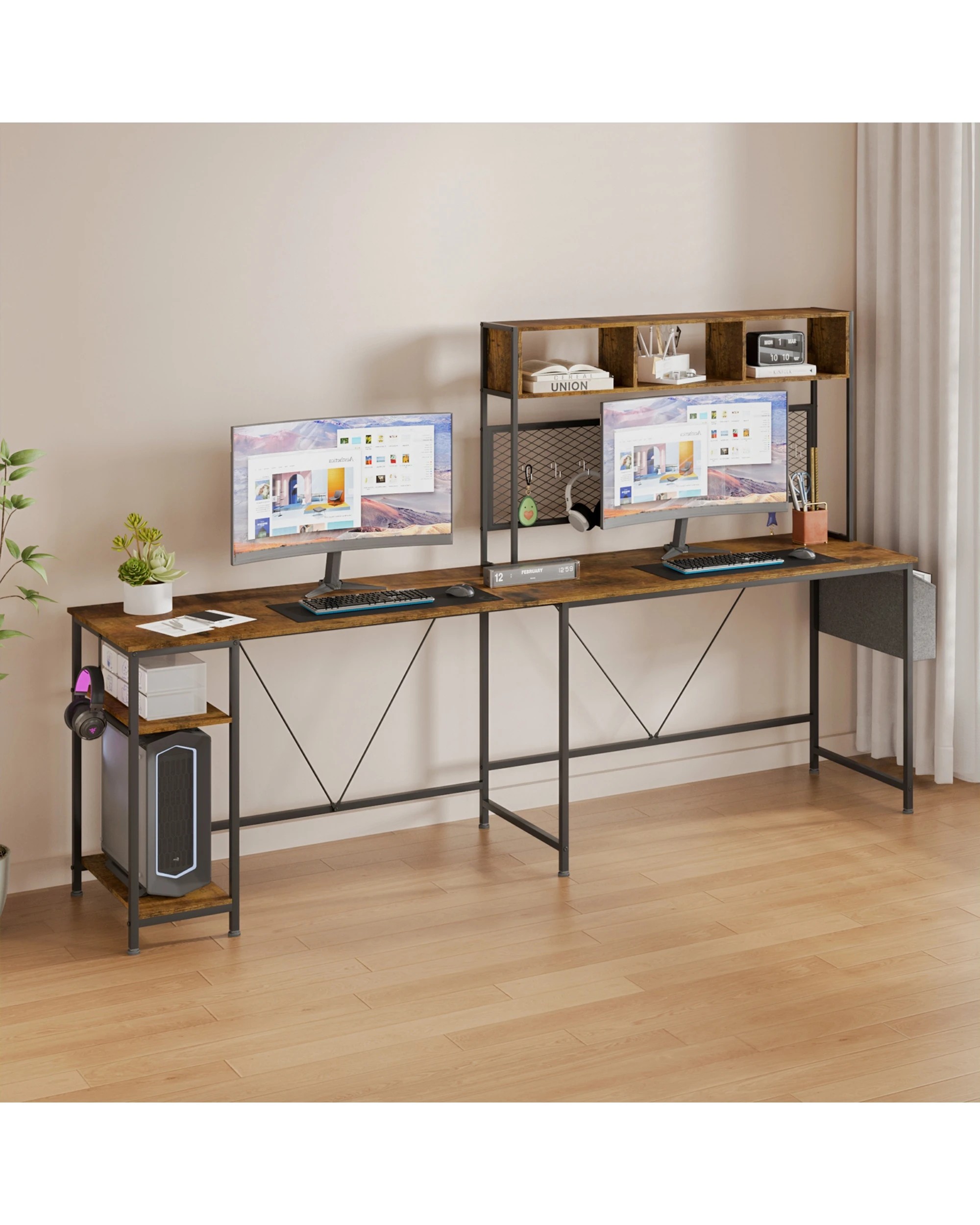 10 Advwin 170cm L Shaped Gaming Desk With Led Lights & Power Outlets Reversible Storage Shelf Computer Corner Desk Walnut, 10 of 10
