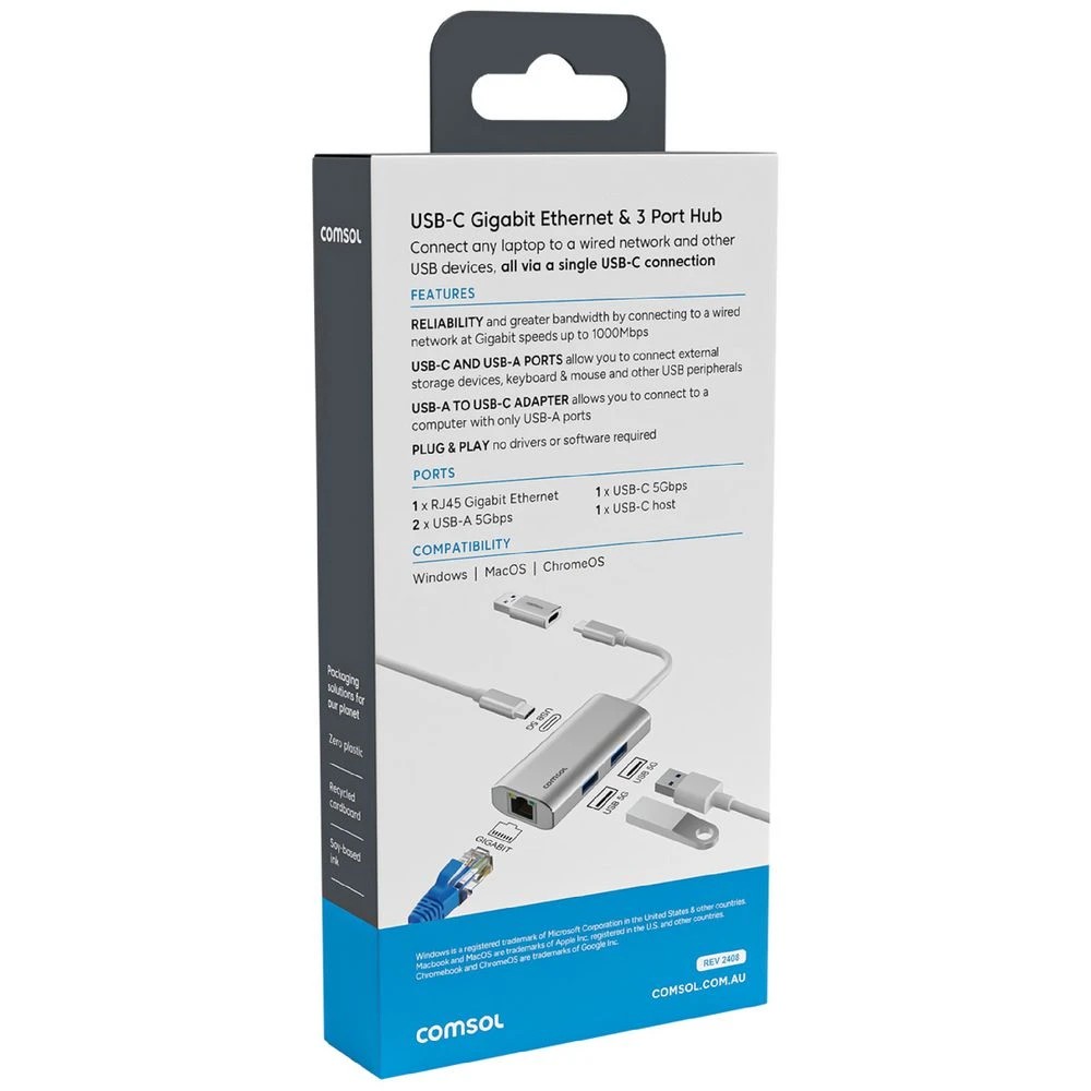 3 Comsol Ethernet 3-Port USB-C Hub Silver, 3 of 6