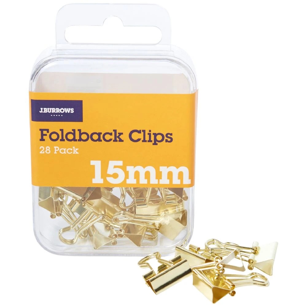 1 J.Burrows 15mm Foldback Clips Gold 28 Pack, 1 of 5