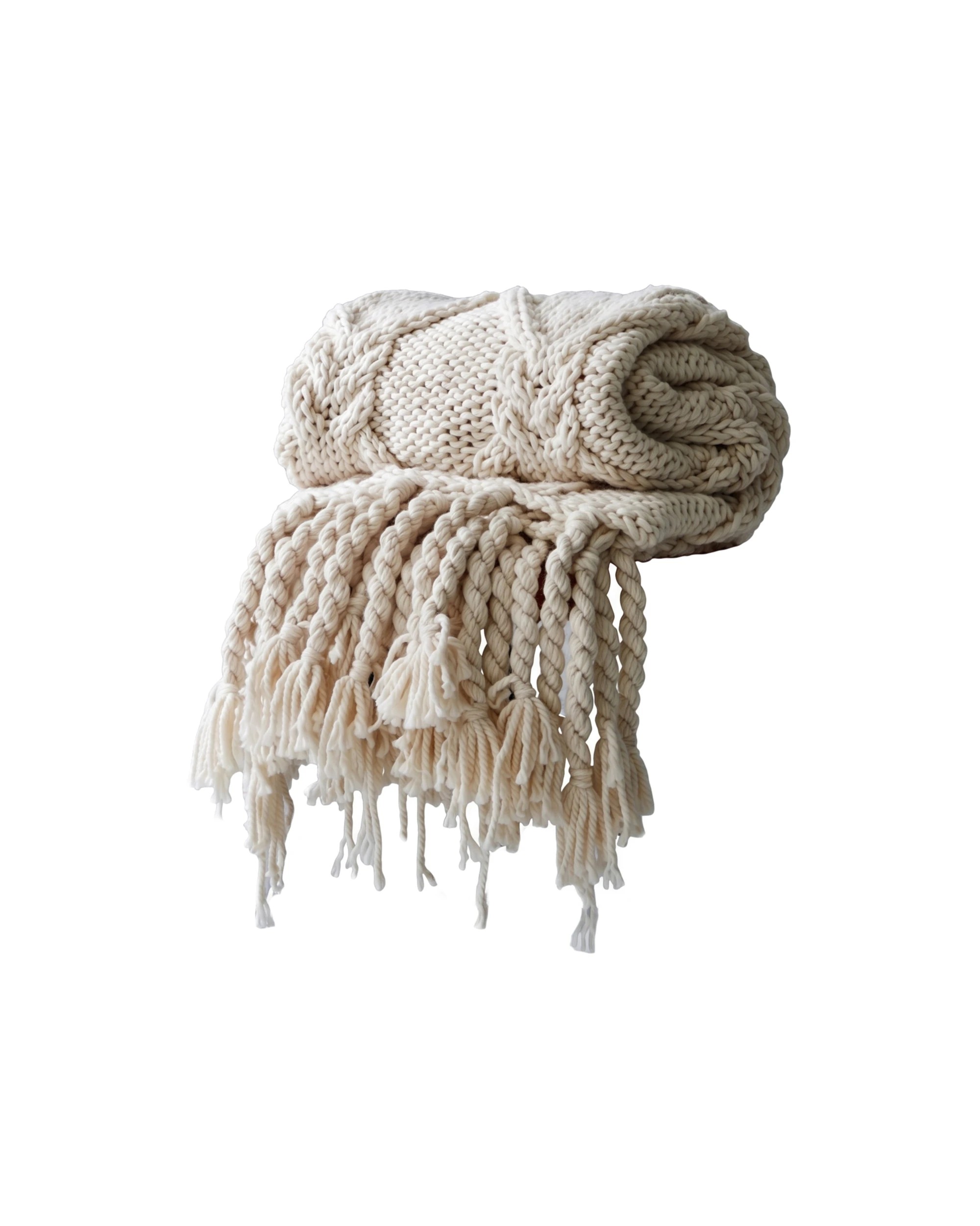 1 Cotton More Hand Knitted Blanket Tassel 130x160cm - Beige, 1 of 4