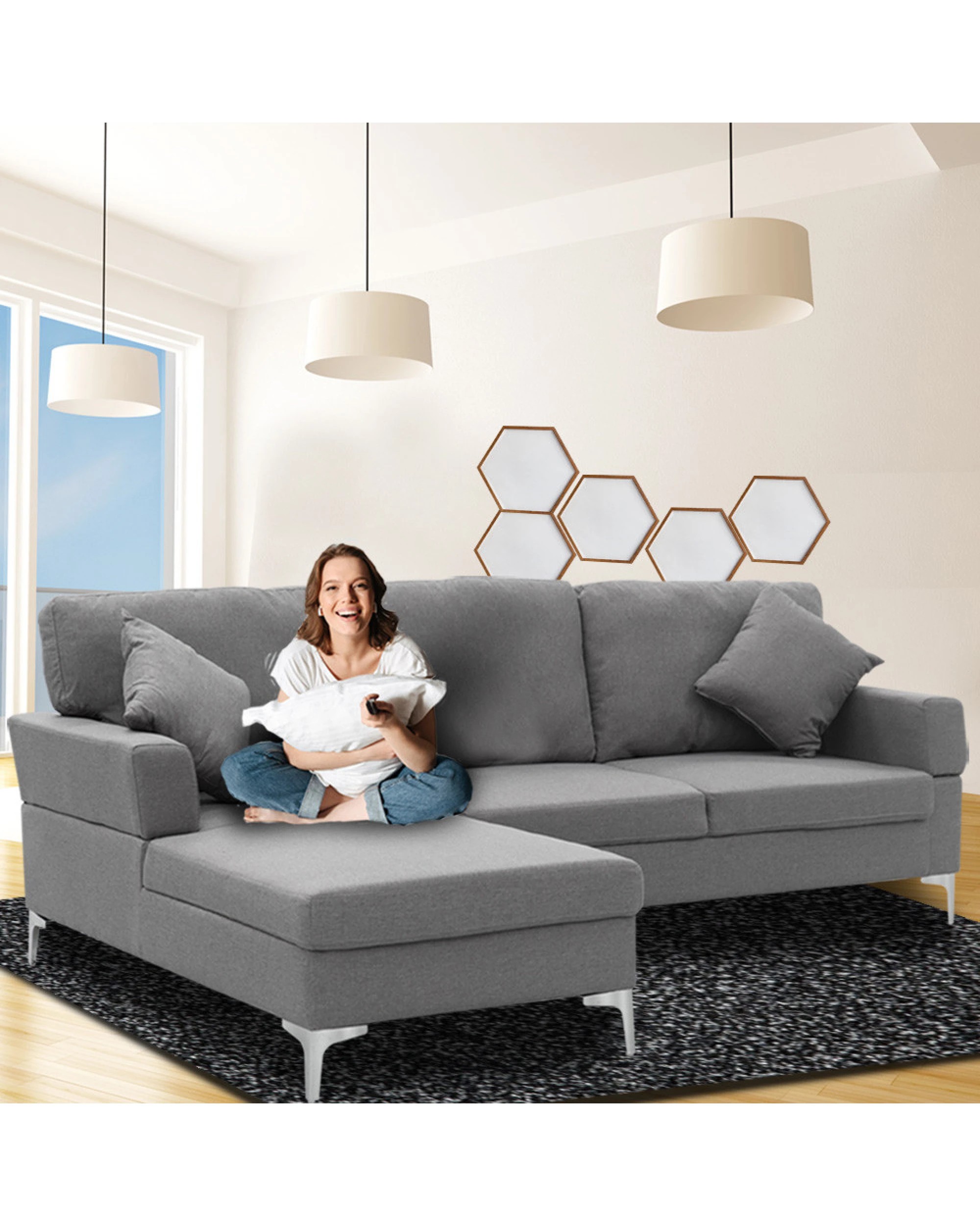 2 Sarantino Linen Corner Sofa Couch Lounge L-shape Right Chaise D.grey, 2 of 7