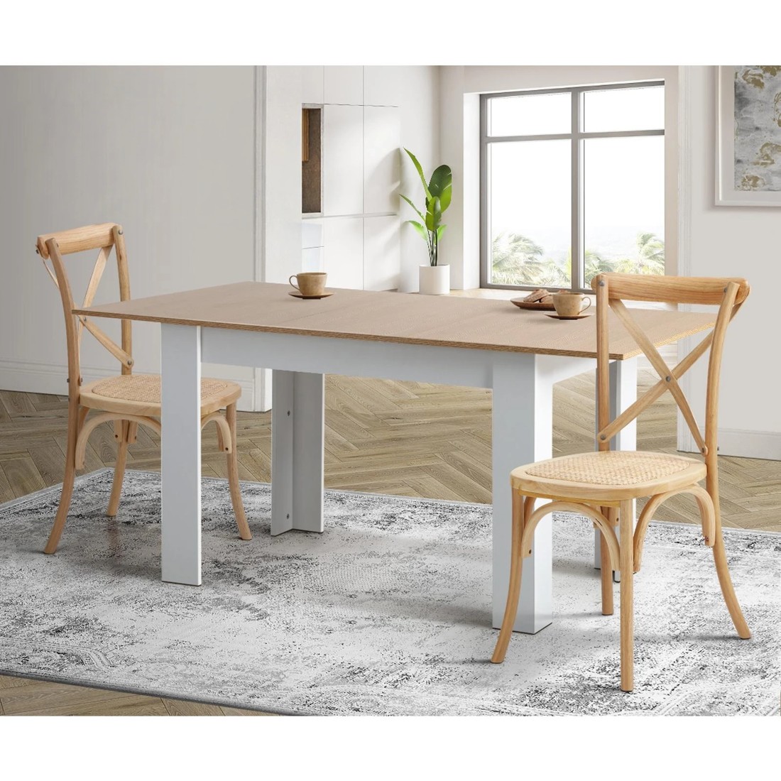 5 Oikiture 2pcs Crossback Dining Chair Solid Birch Timber Wood Ratan Seat Wooden
 - Natural, 5 of 10