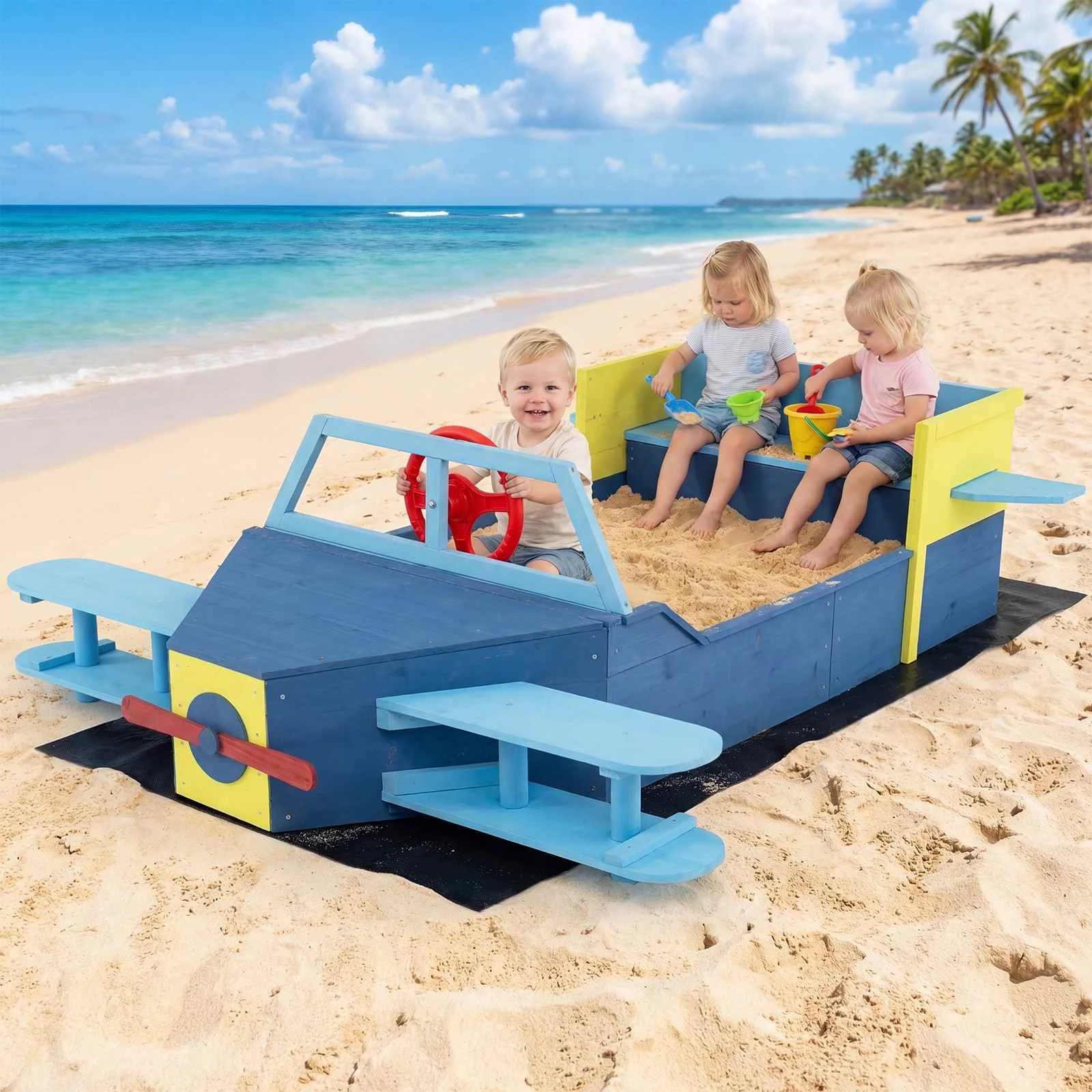 2 Costway Glider Shape Sandpit Large Wood Outdoor Sand Box Sensory Play Bench Seat, 2 of 2
