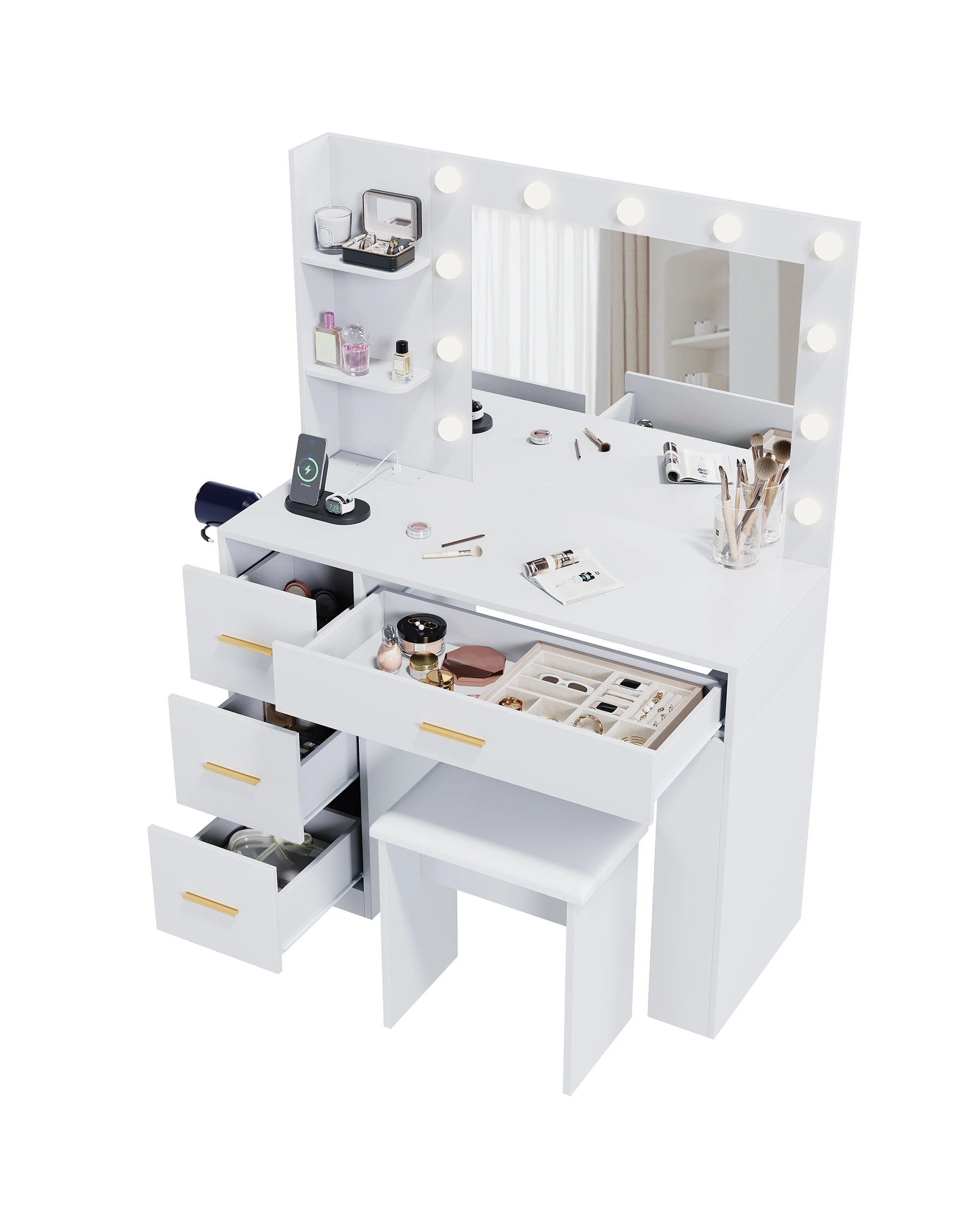 9 Advwin Dressing Table Vanity Desk with Mirror and 11 Bulbs Lights Charging Station - White, 9 of 10