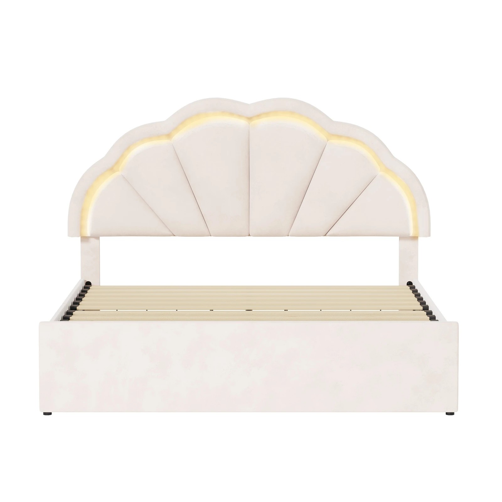 6 Oikiture Double Size Bed Frame LED Shell Headboard with Drawers - Beige, 6 of 6
