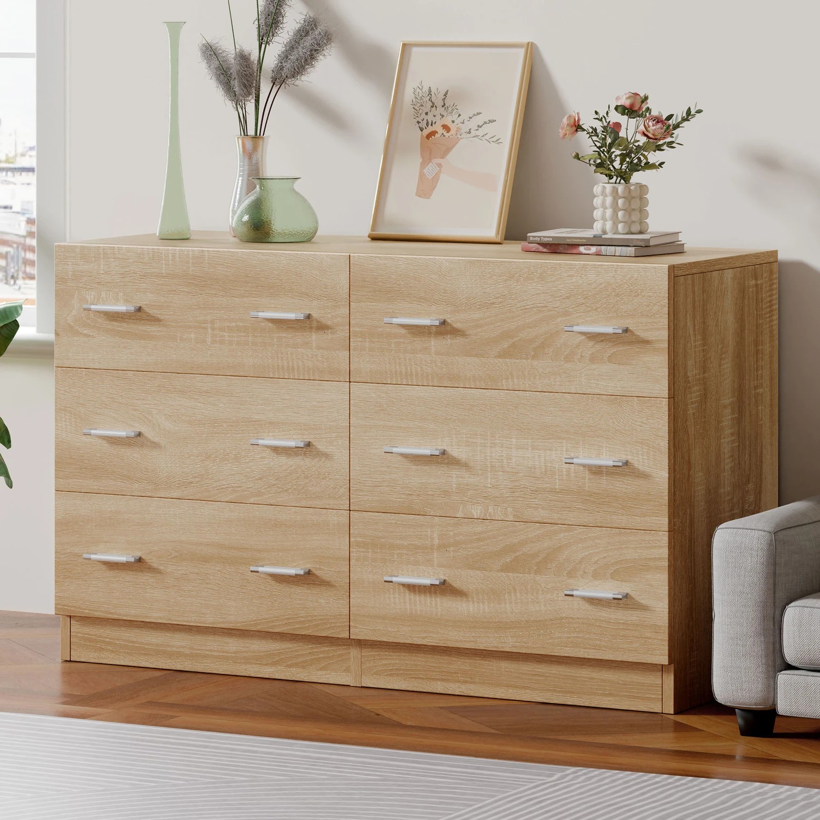 1 Alfordson 6 Chest of Drawers Hamptons Storage Dresser - Oak, 1 of 10