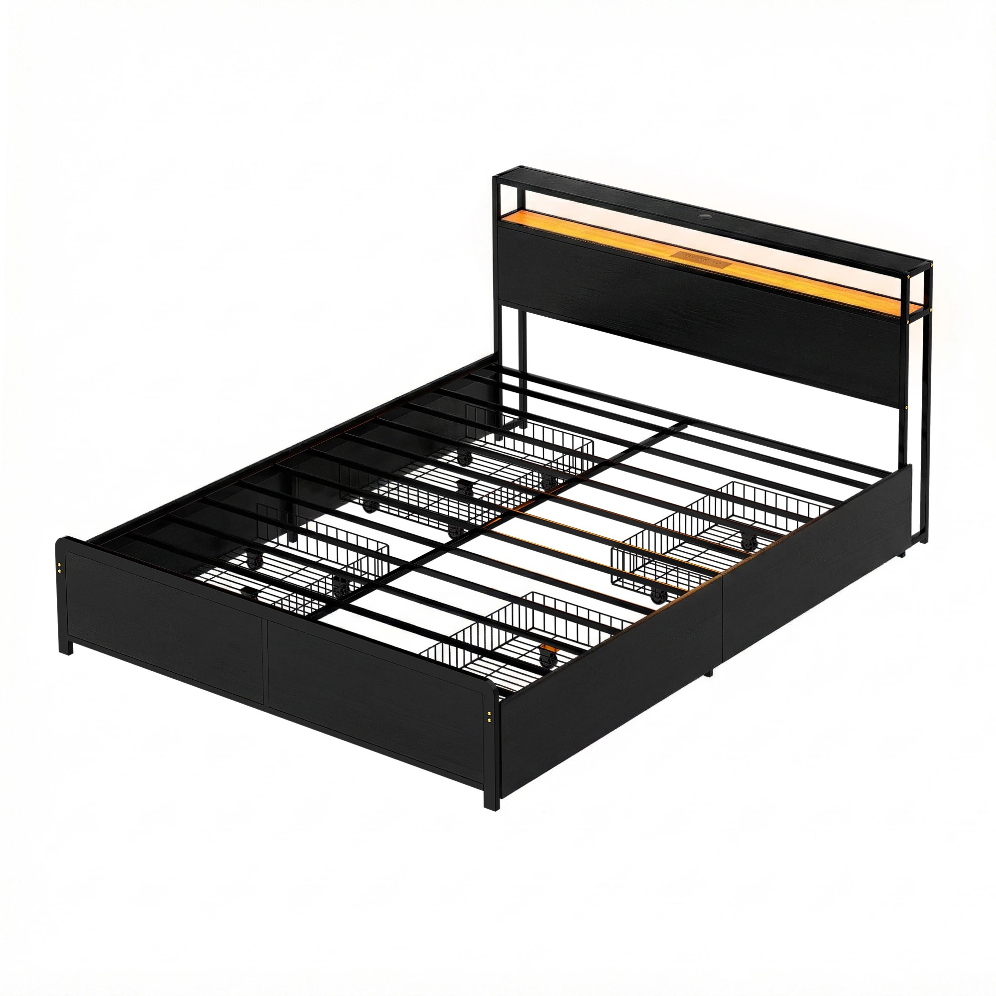 1 Artiss Metal Bed Frame Queen Size Storage Headboard Charge Station LED 4 Drawers - Black, 1 of 8