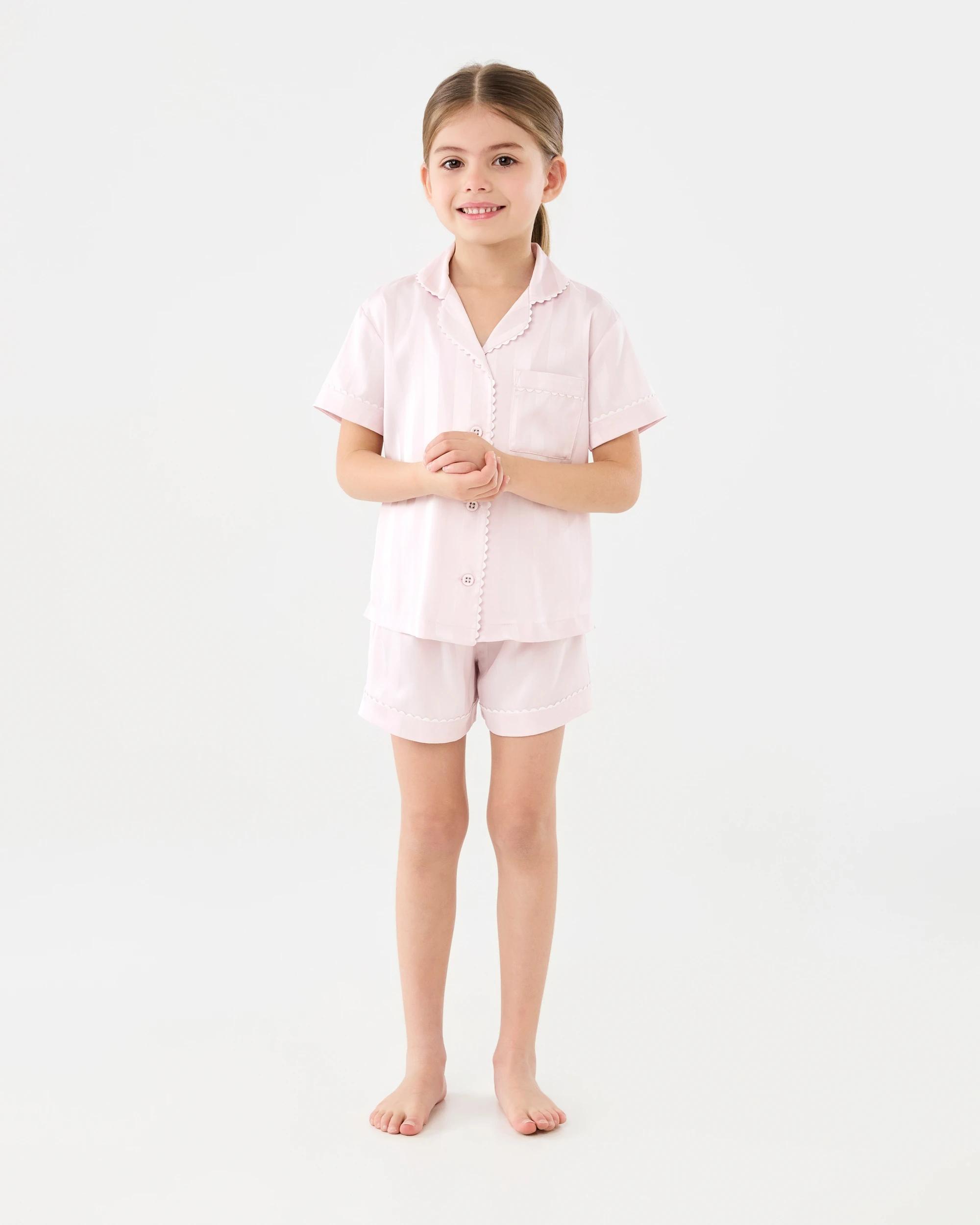 1 Short Sleeve Satin Pyjama and Scrunchie Set Bllet Pink, 1 of 10