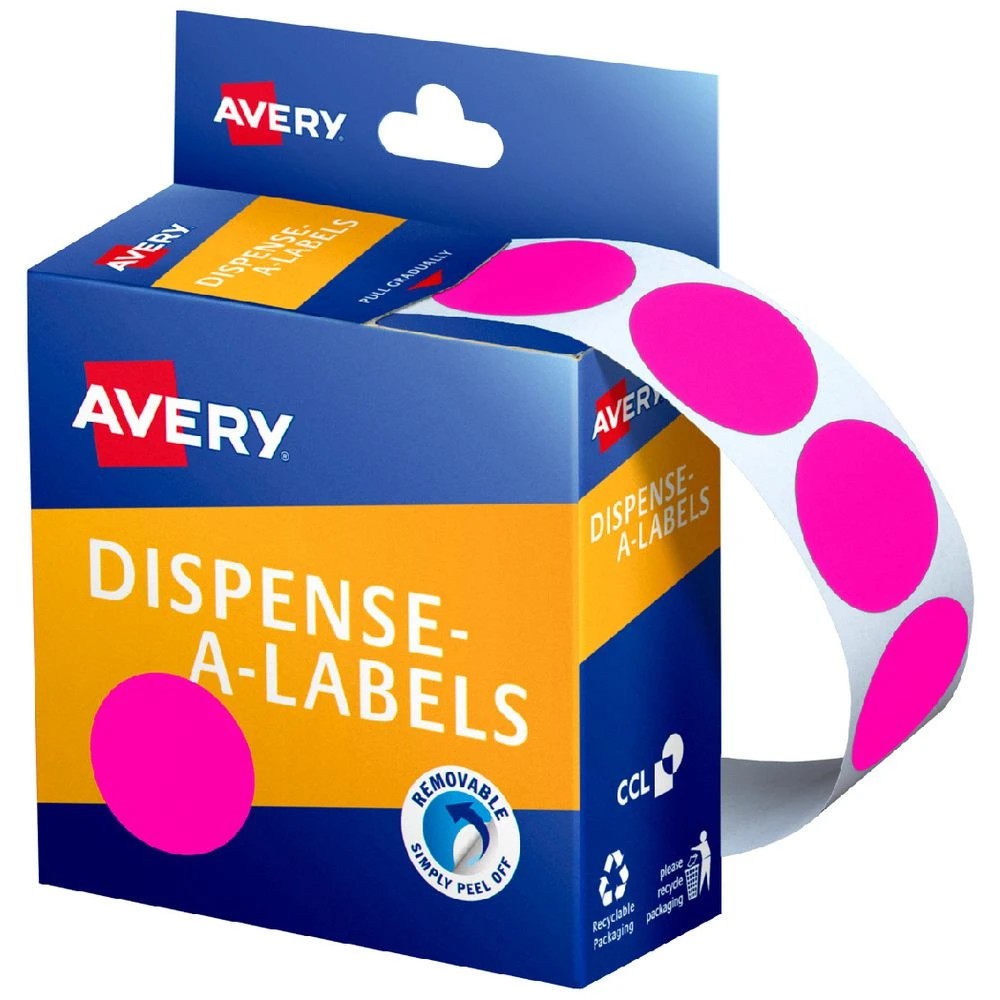 1 Avery Dispenser Labels Circle 24mm Fluorescent Pink 350 Pack, 1 of 2